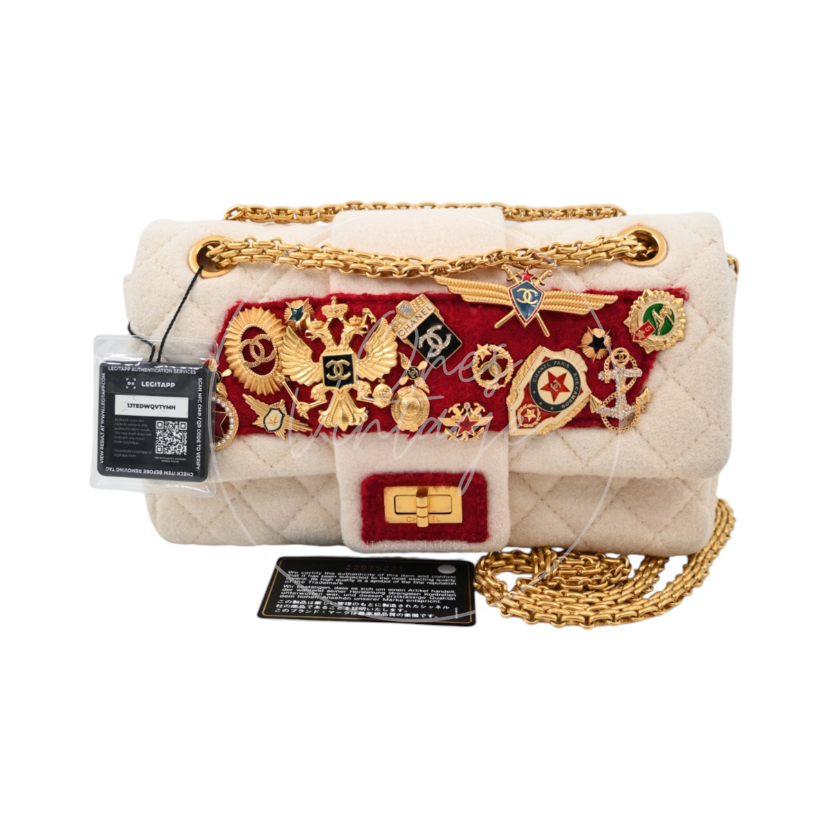 Chanel Paris-Moscou Romanov Reissue Wool 2.55 Flap Bag 2009 Pre-Fall Métiers d'Art in neutral wool fabric with gold-tone hardware, featuring ornate brooch embellishments and chain strap, front view