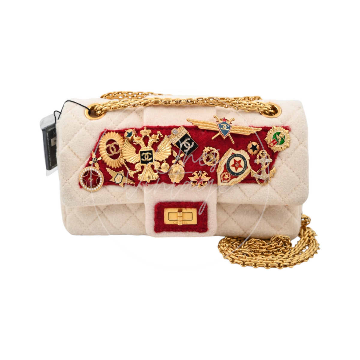 Chanel Paris-Moscou Romanov Reissue Wool 2.55 Flap Bag 2009 Pre-Fall Métiers d'Art in neutral wool fabric with gold-tone hardware, featuring interwoven chain strap and red ornamental badge panel, front view