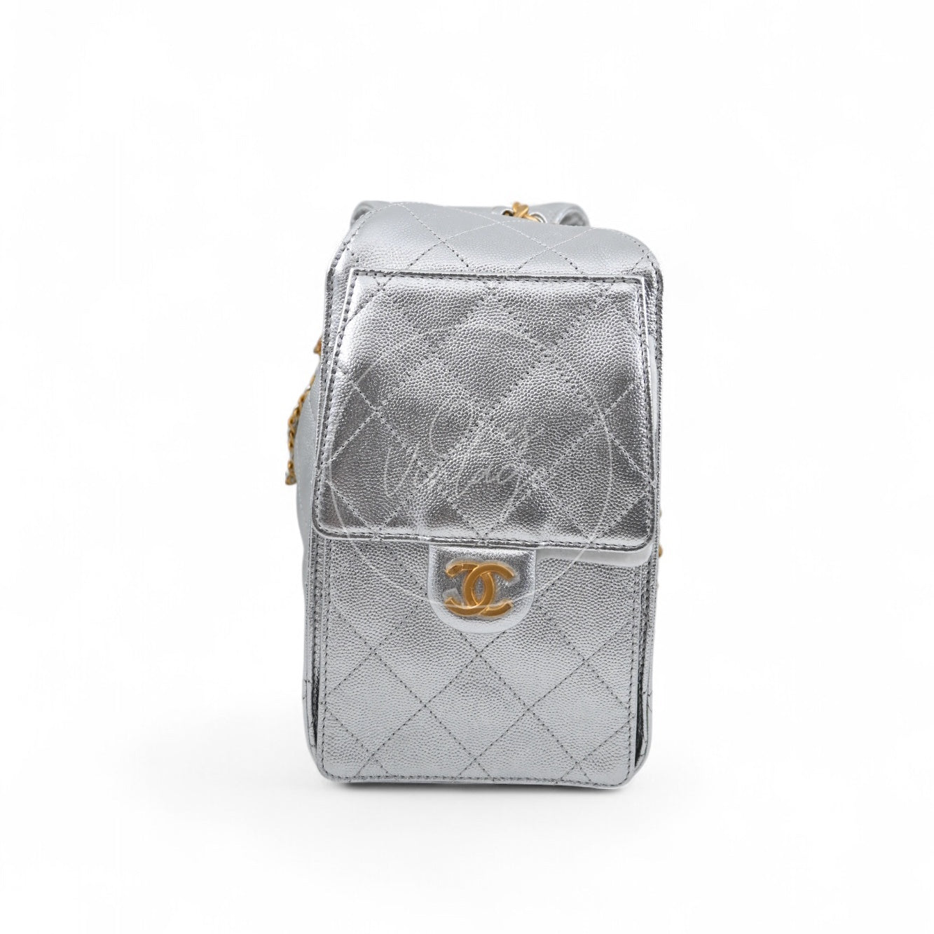 [Pre-owned] Chanel 25 Small Silver Caviar Handbag