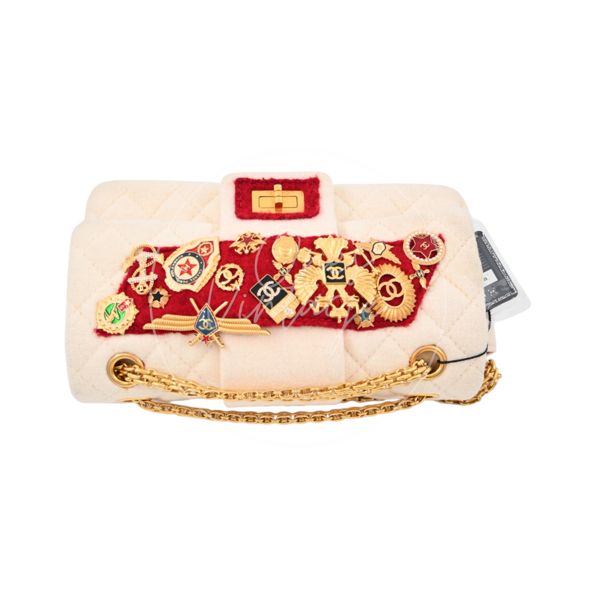 Chanel Paris-Moscou Romanov Reissue Wool 2.55 Flap Bag 2009 Pre-Fall Métiers d'Art in neutral wool fabric with gold-tone hardware, featuring ornate military-inspired badge embellishments and chain strap, front view