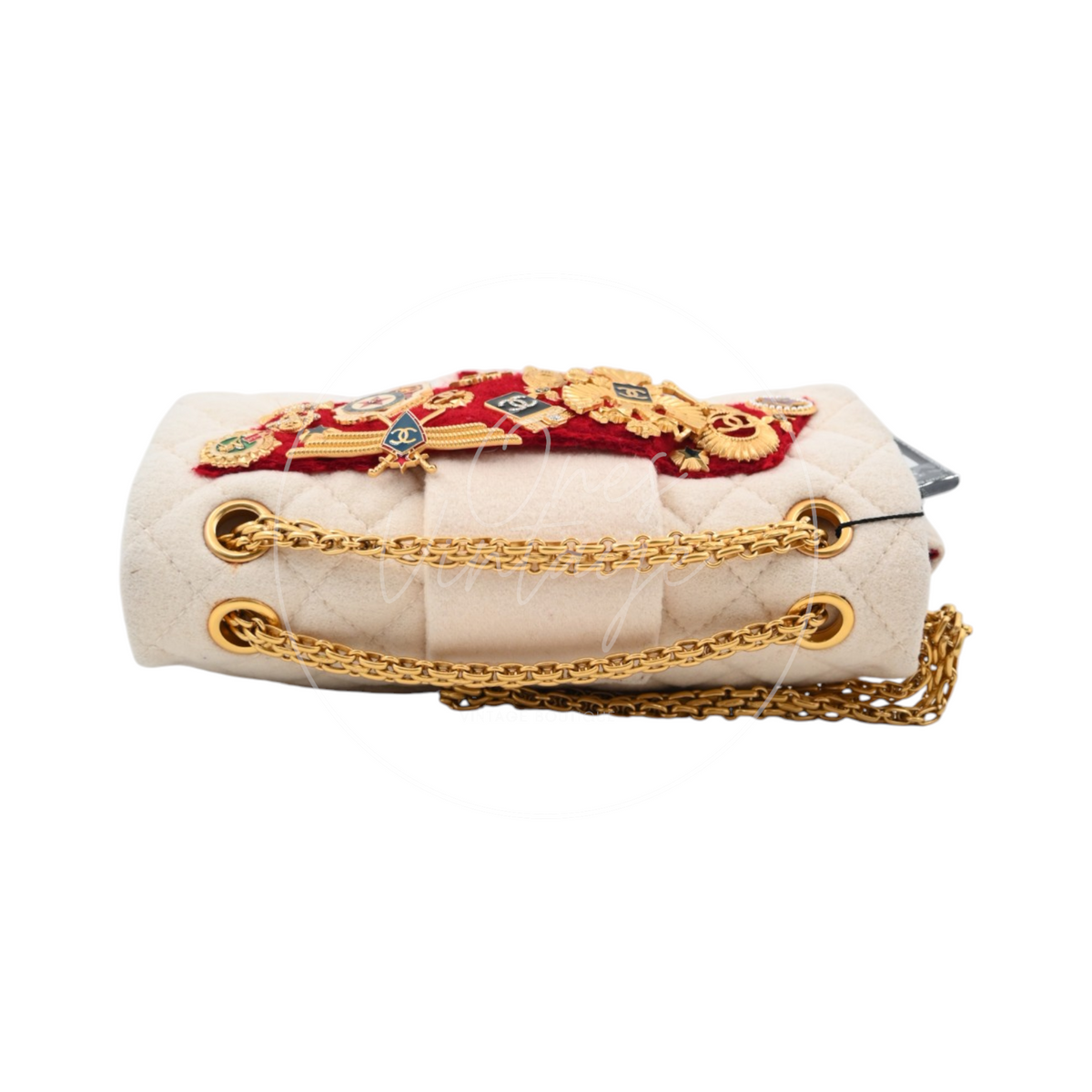 Chanel Paris-Moscou Romanov Reissue Wool 2.55 Flap Bag 2009 Pre-Fall Métiers d'Art in neutral wool fabric with gold-tone hardware, featuring ornate brooch embellishments and chain strap, top view