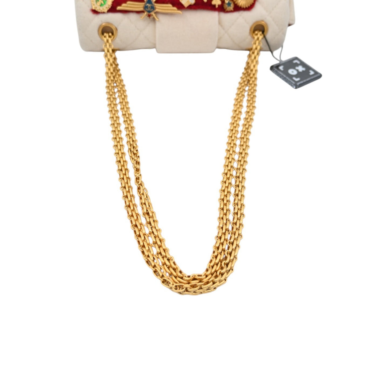 Chanel Paris-Moscou Romanov Reissue Wool 2.55 Flap Bag 2009 Pre-Fall Métiers d'Art in neutral wool fabric, handle with layered chain strap and circular strap attachments detail