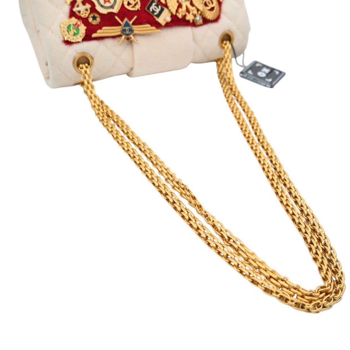 Chanel Paris-Moscou Romanov Reissue Wool 2.55 Flap Bag 2009 Pre-Fall Métiers d'Art in neutral wool fabric with gold-tone hardware, featuring interwoven chain links and double chain shoulder strap, front view