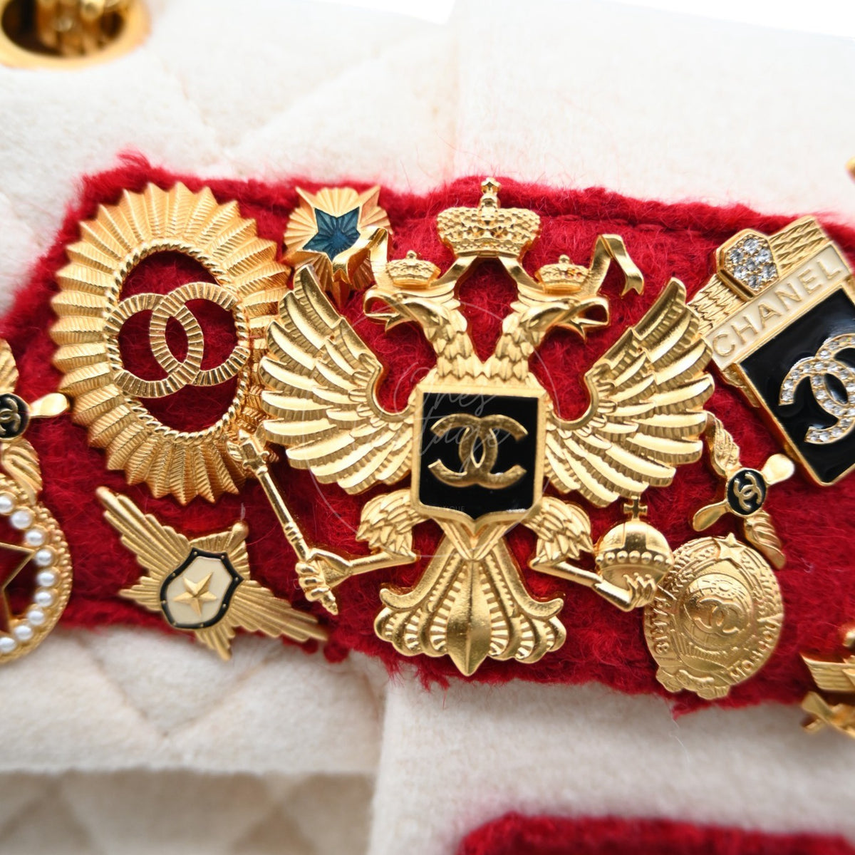 Chanel Paris-Moscou Romanov Reissue Wool 2.55 Flap Bag 2009 Pre-Fall Métiers d'Art in neutral wool fabric, ornate winged crest hardware and black enamel plaques detail