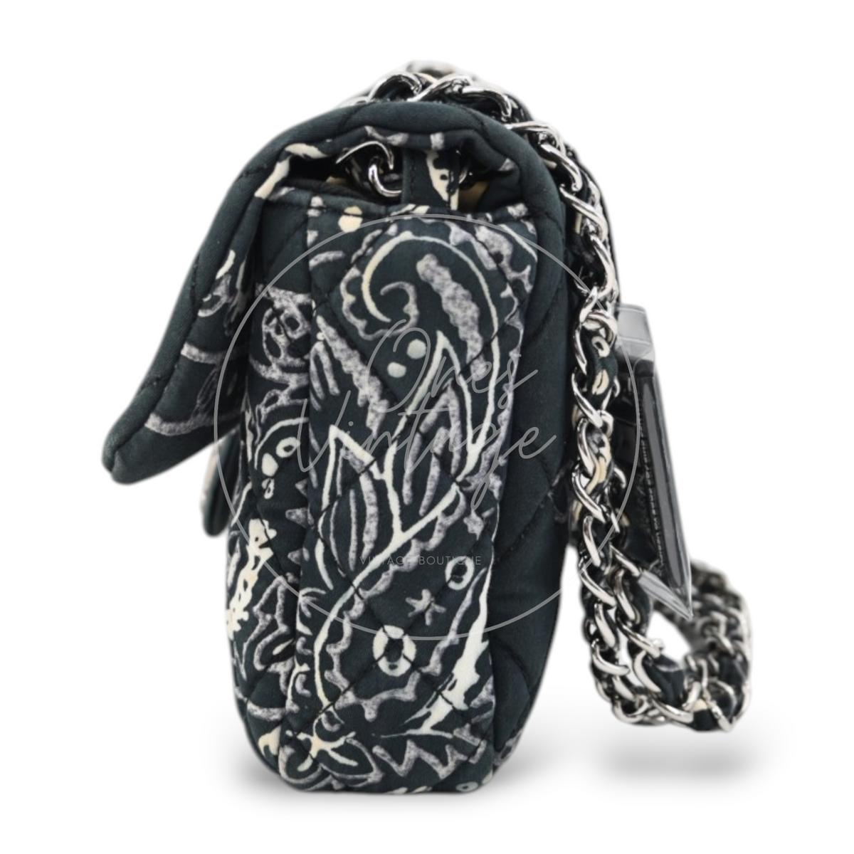 Chanel Small Bandana Single Flap in black quilted cotton with silver-tone hardware, featuring bandana print and chain strap, front three-quarter view