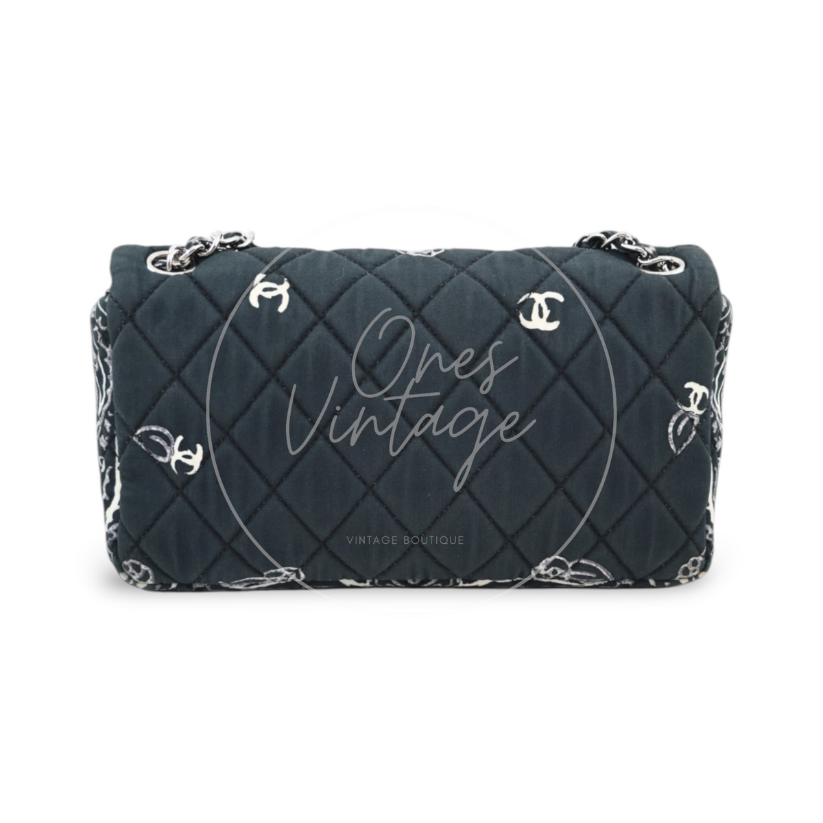 Chanel Small Bandana Single Flap in black quilted cotton with silver-tone hardware, featuring bandana print trim and chain strap, front view