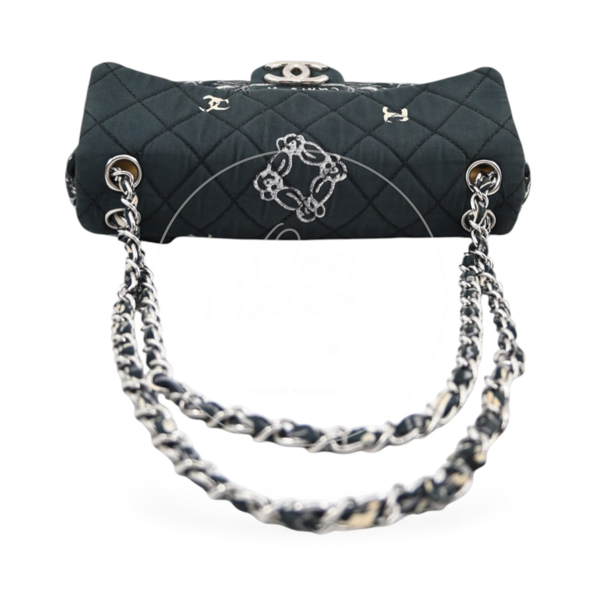 Chanel Small Bandana Single Flap in black quilted cotton with silver-tone hardware, featuring bandana print and chain strap, front view