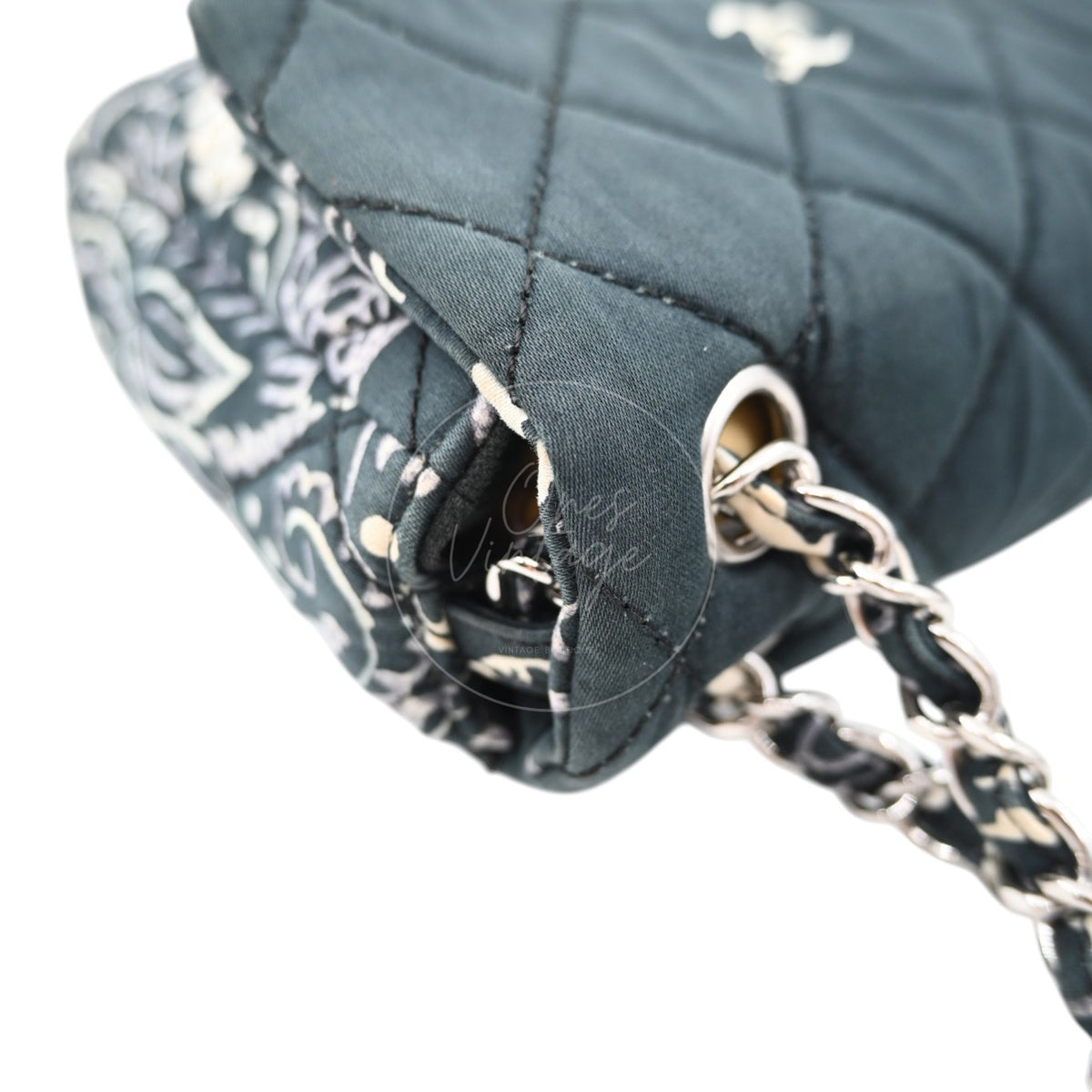 Chanel Small Bandana Single Flap in black quilted cotton, textile print and chain strap attachment detail