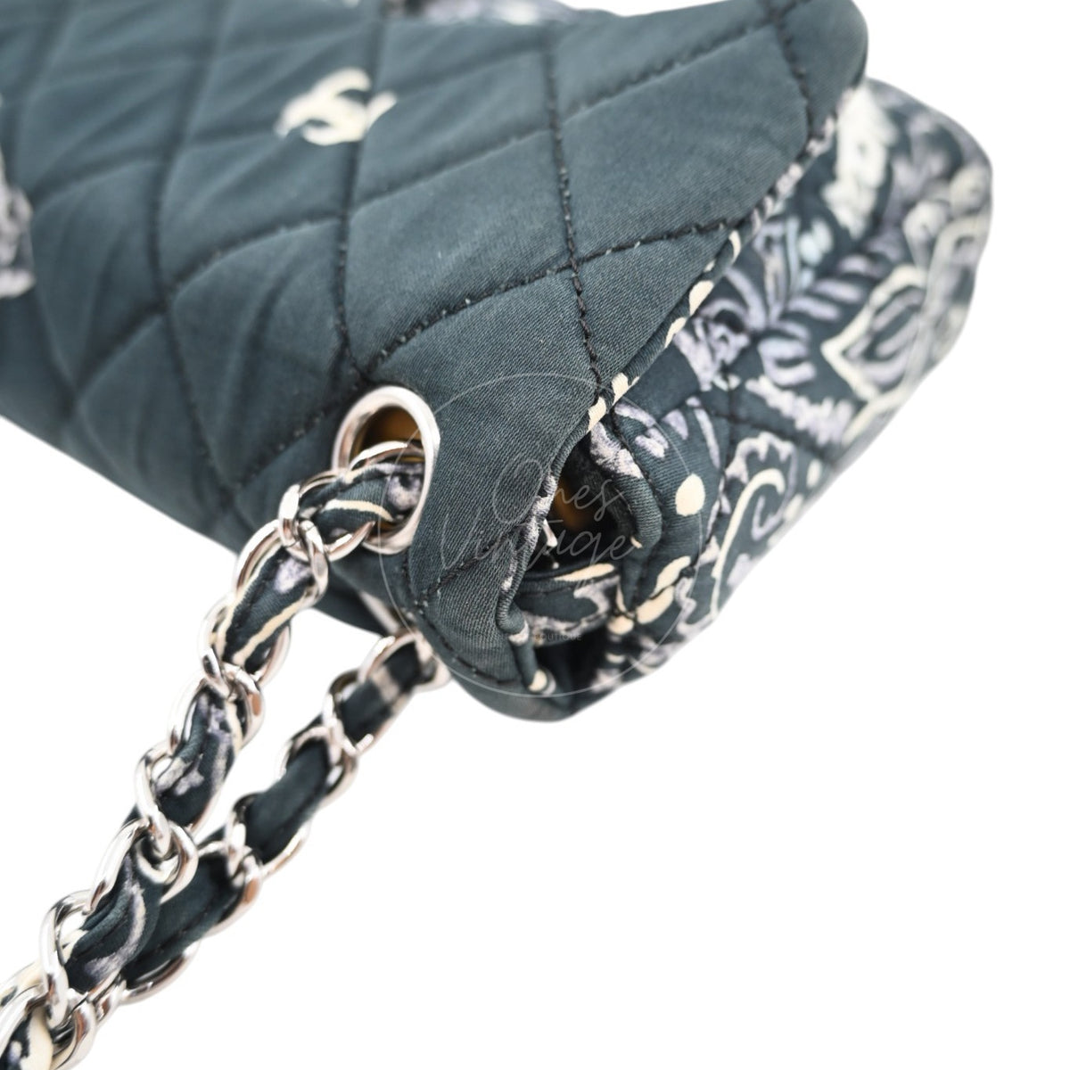 Chanel Small Bandana Single Flap in black quilted cotton, woven chain strap and bandana print fabric interwoven through chain detail
