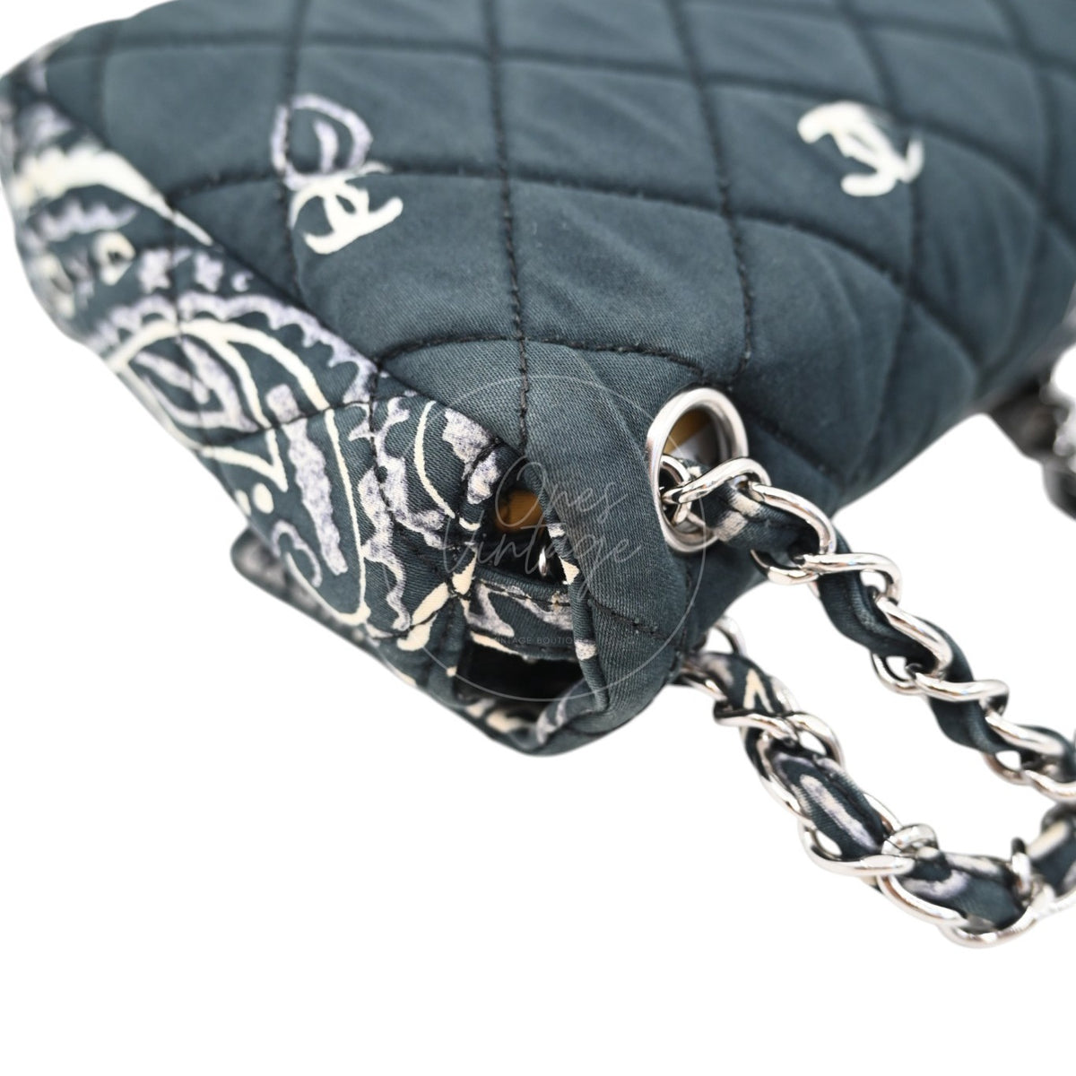 Chanel Small Bandana Single Flap in black quilted cotton, fabric-interwoven chain strap and quilted stitching with printed textile trim detail