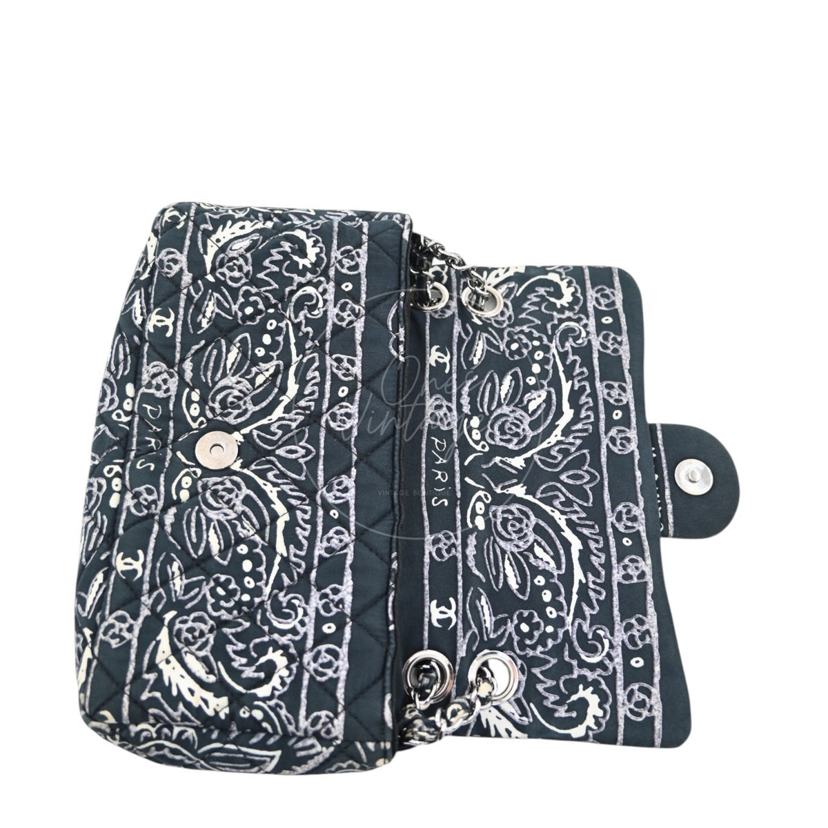 Chanel Small Bandana Single Flap in black quilted cotton with silver-tone hardware, featuring bandana print and chain strap, front view
