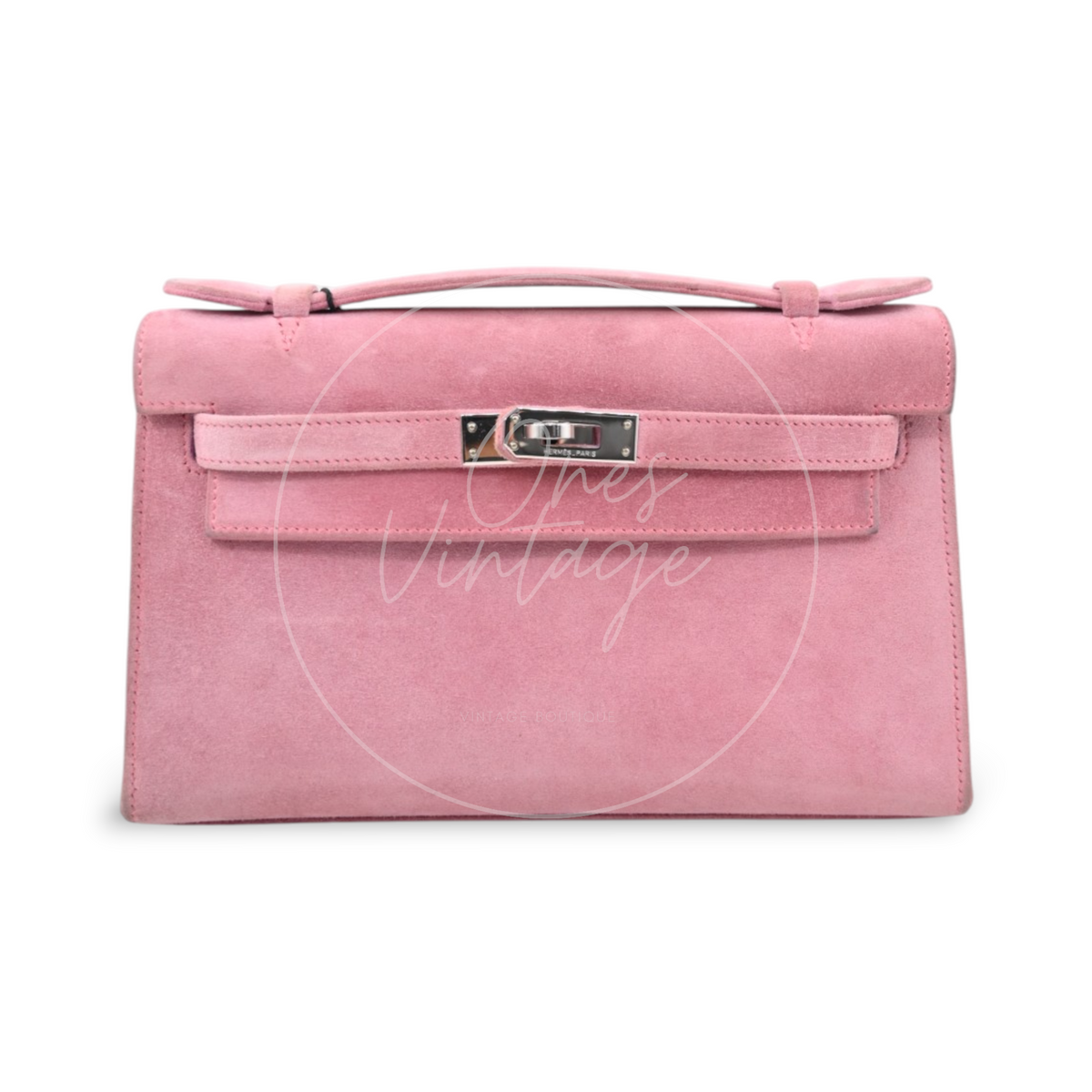 Hermès Kelly Pochette Veau Doblis in pink suede with palladium hardware, featuring turn-lock closure and top handle, front view