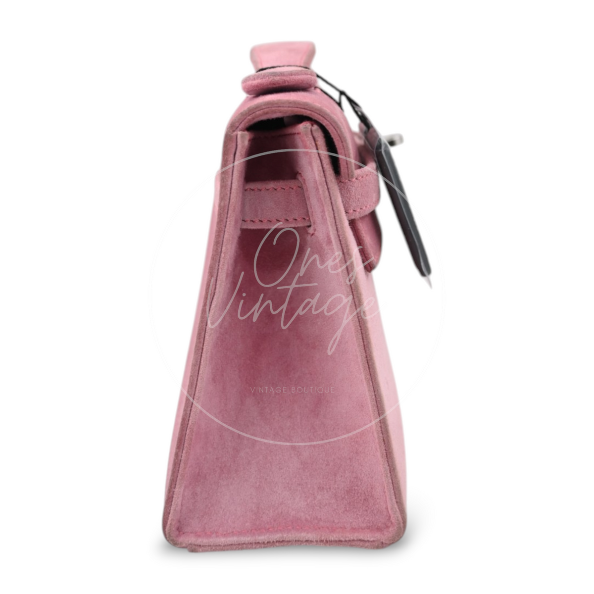 Hermès Kelly Pochette Veau Doblis in pink suede with palladium hardware, featuring structured side gusset and top flap, right side view