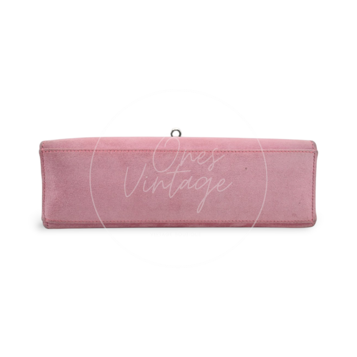 Hermès Kelly Pochette Veau Doblis in pink suede with palladium hardware, featuring top hardware ring and structured rectangular silhouette, front view