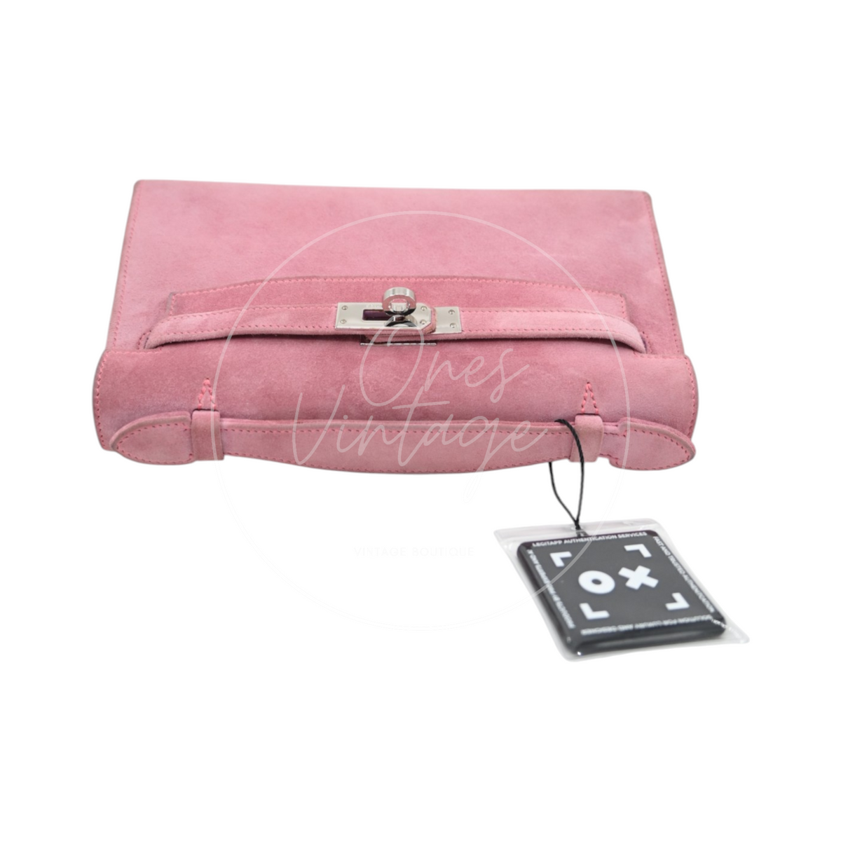 Hermès Kelly Pochette Veau Doblis in pink suede with palladium hardware, featuring turn-lock closure and top handle, base view