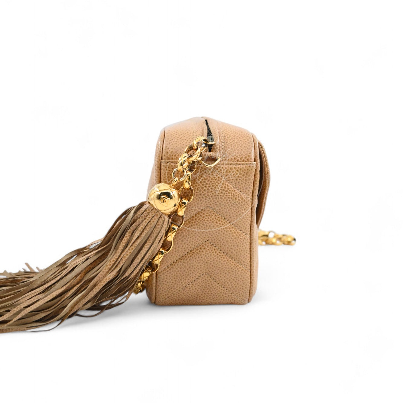 [Pre-owned] Chanel Beige Caviar V Stitch Fringe Mini Camera Bag