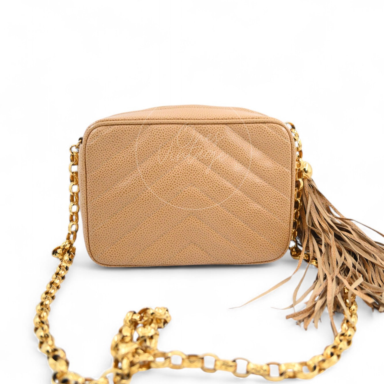 [Pre-owned] Chanel Beige Caviar V Stitch Fringe Mini Camera Bag