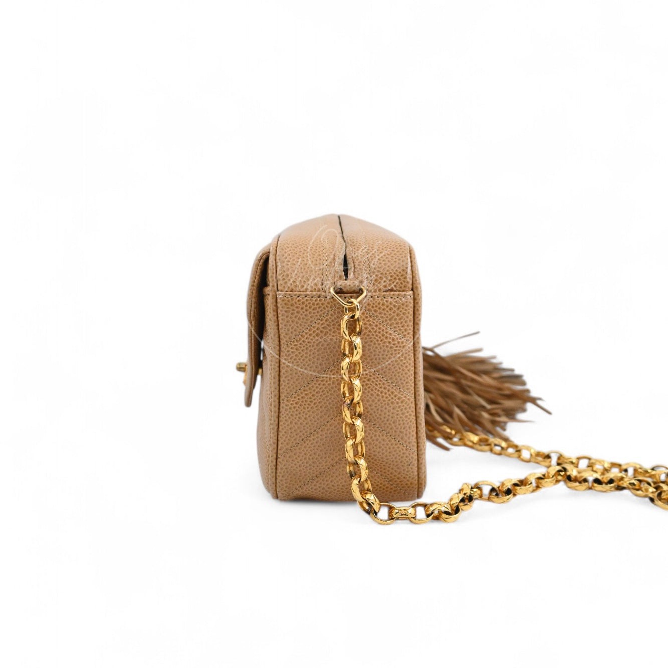 [Pre-owned] Chanel Beige Caviar V Stitch Fringe Mini Camera Bag