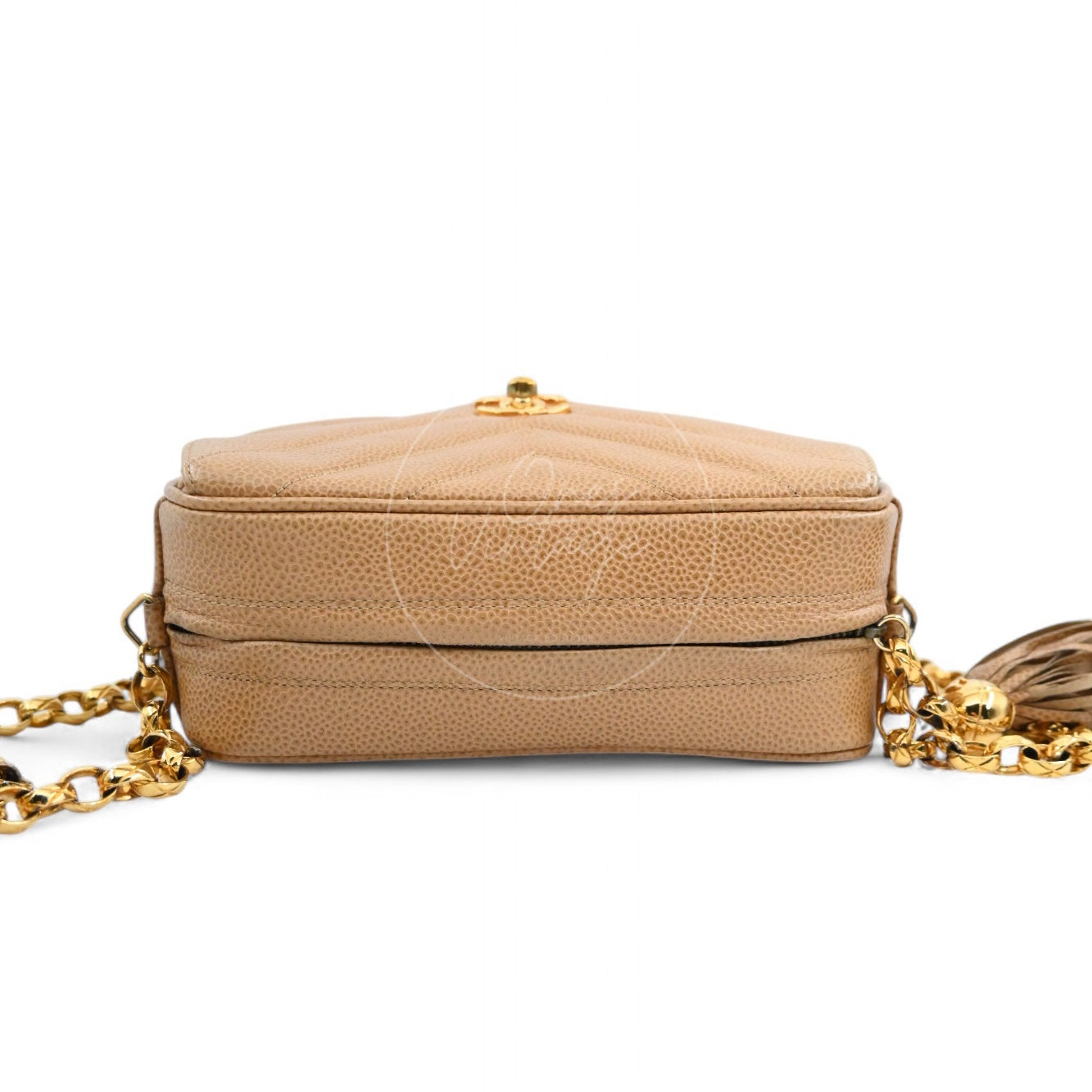 [Pre-owned] Chanel Beige Caviar V Stitch Fringe Mini Camera Bag