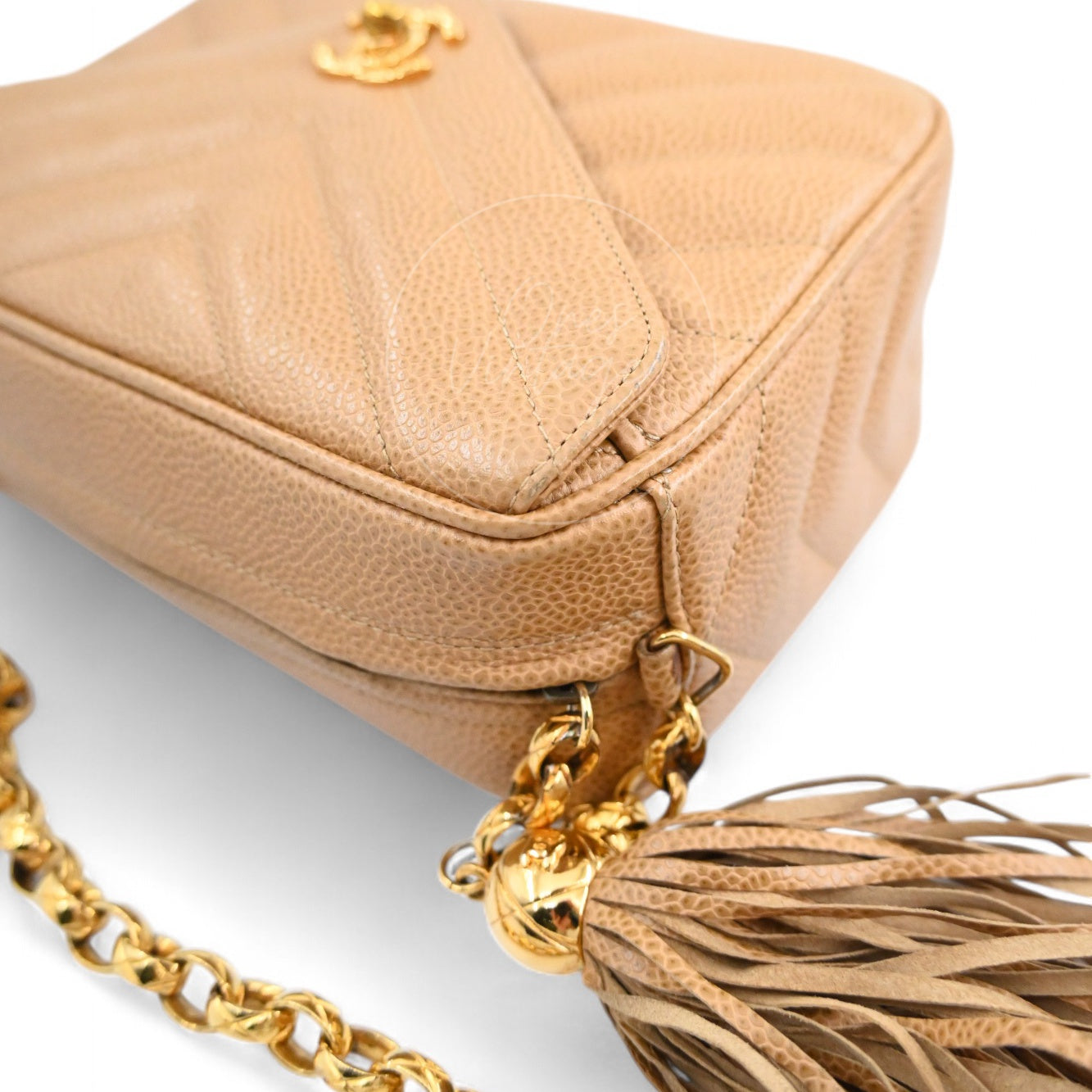 [Pre-owned] Chanel Beige Caviar V Stitch Fringe Mini Camera Bag