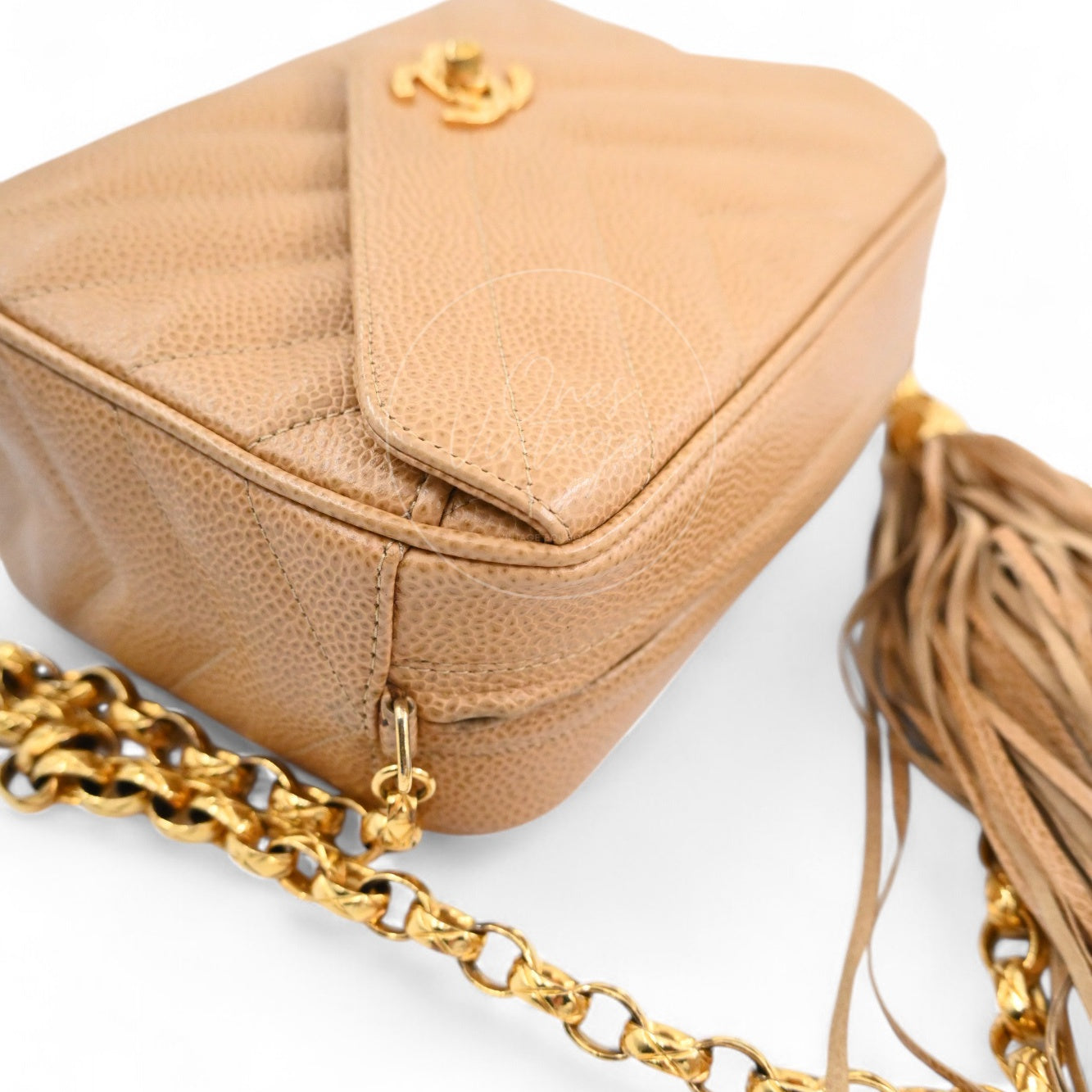 [Pre-owned] Chanel Beige Caviar V Stitch Fringe Mini Camera Bag