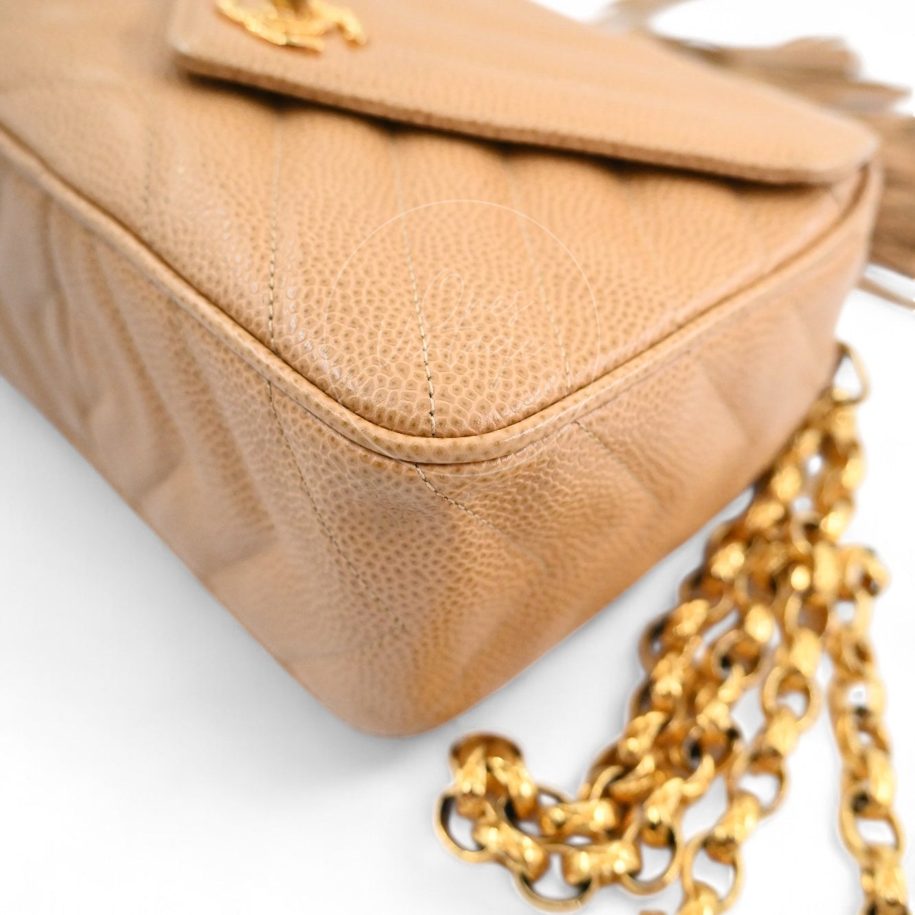 [Pre-owned] Chanel Beige Caviar V Stitch Fringe Mini Camera Bag