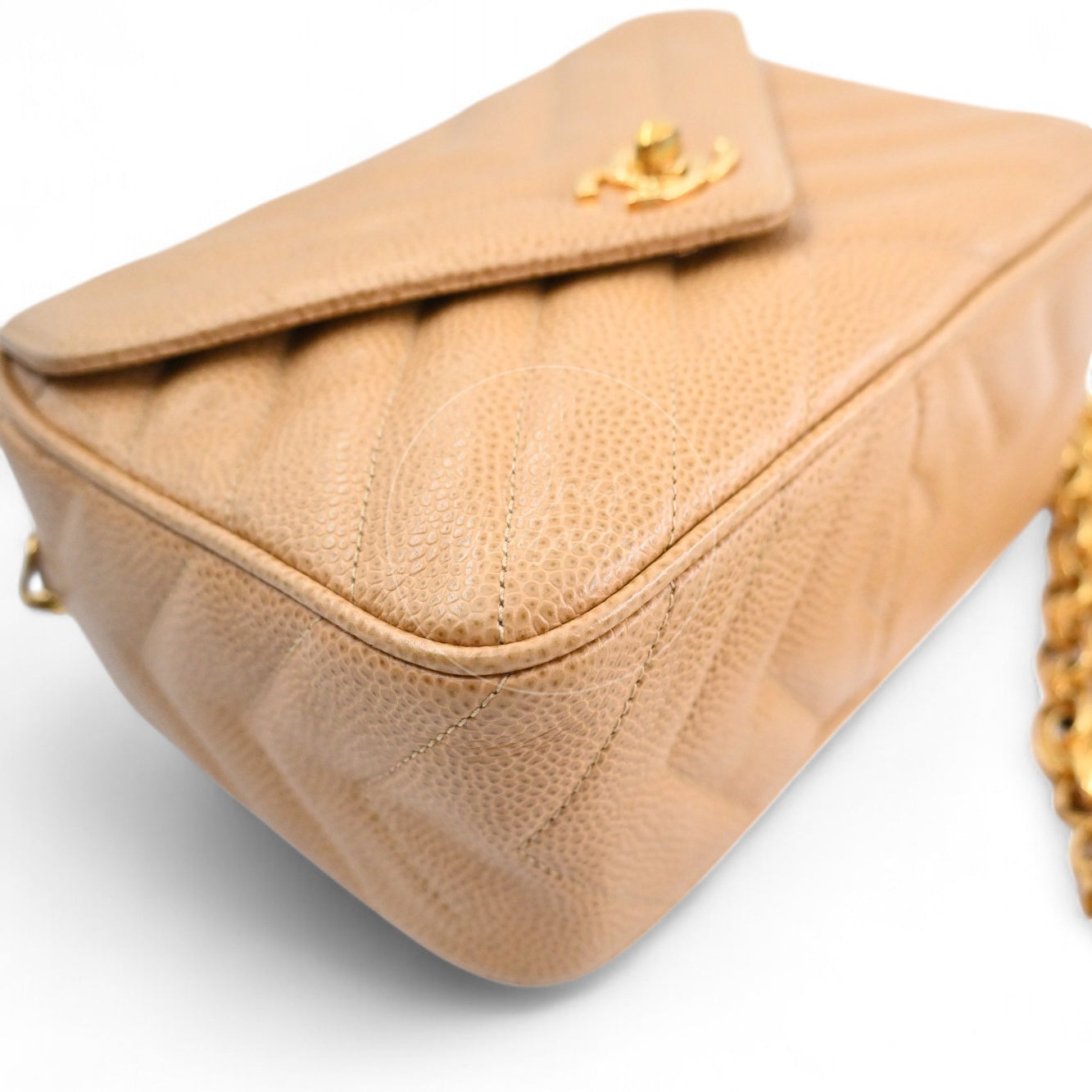 [Pre-owned] Chanel Beige Caviar V Stitch Fringe Mini Camera Bag