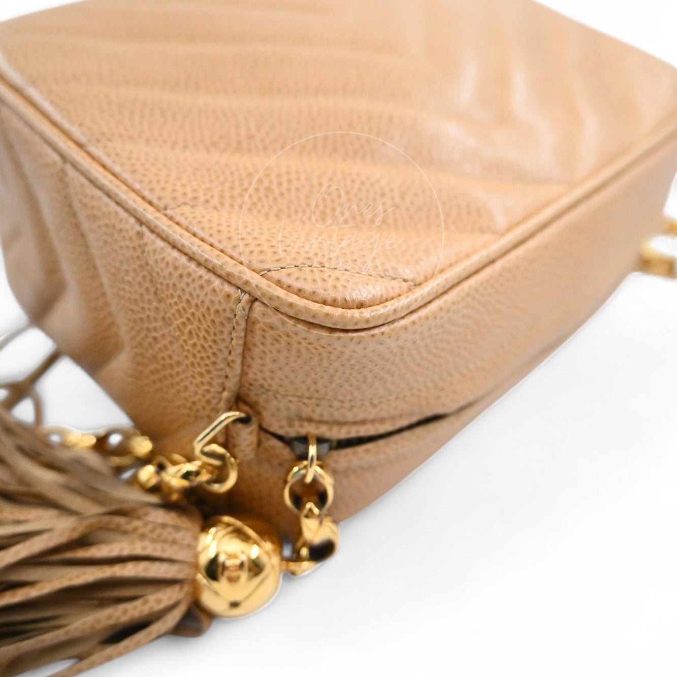 [Pre-owned] Chanel Beige Caviar V Stitch Fringe Mini Camera Bag
