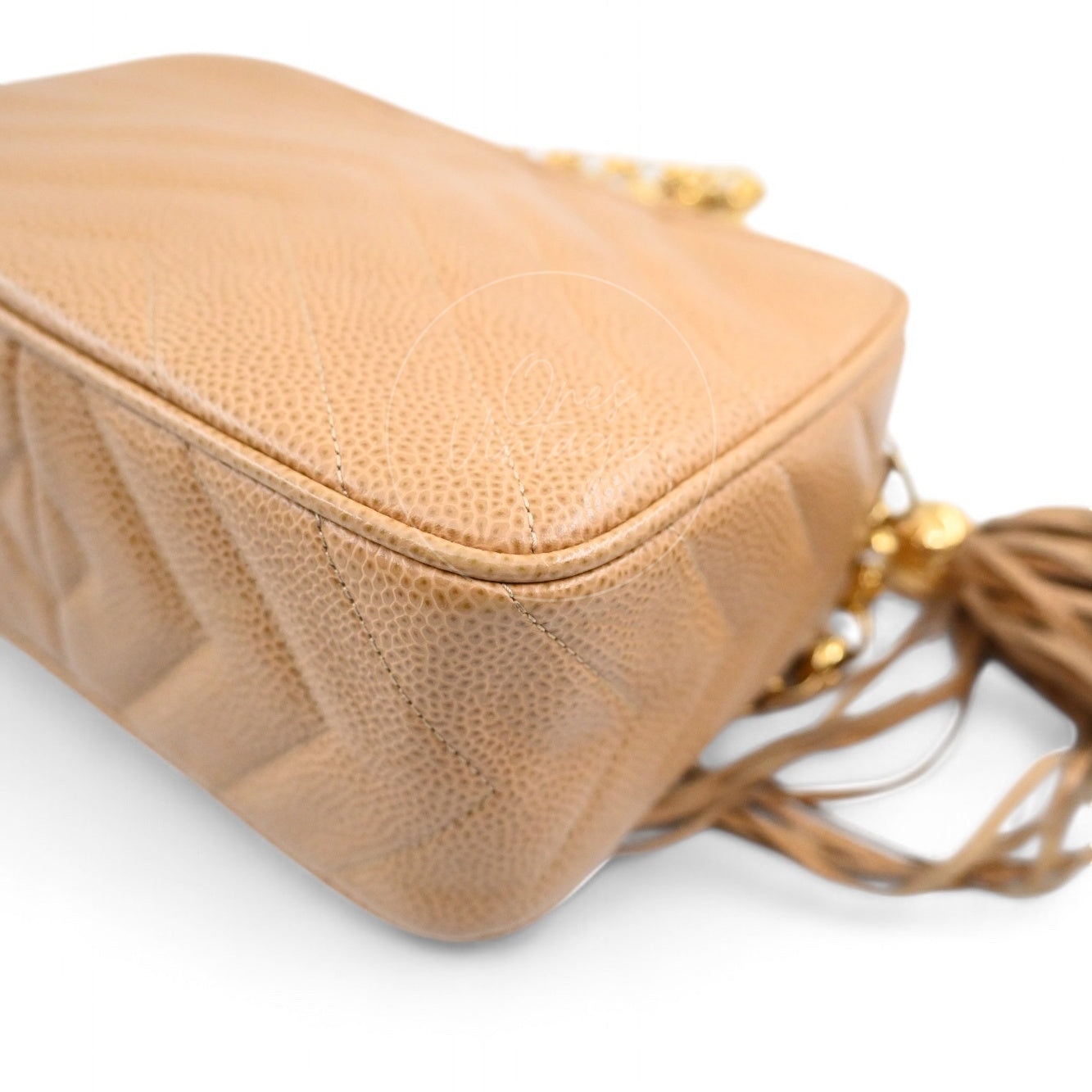 [Pre-owned] Chanel Beige Caviar V Stitch Fringe Mini Camera Bag