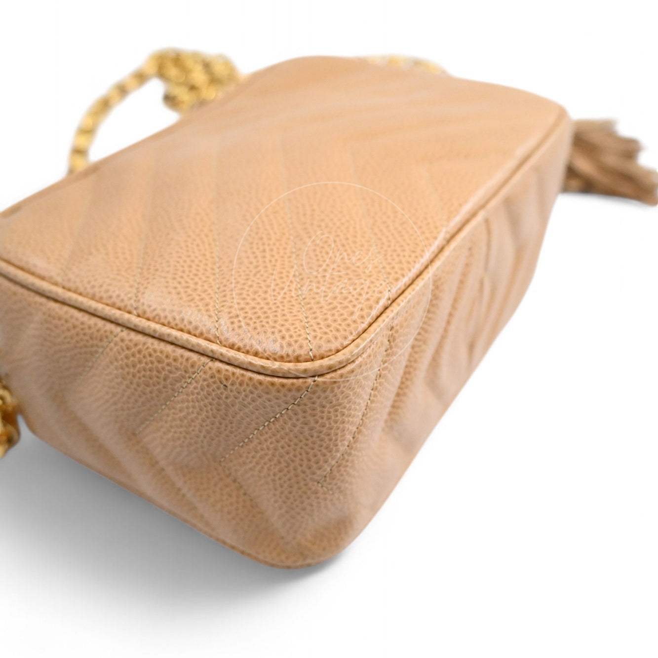 [Pre-owned] Chanel Beige Caviar V Stitch Fringe Mini Camera Bag