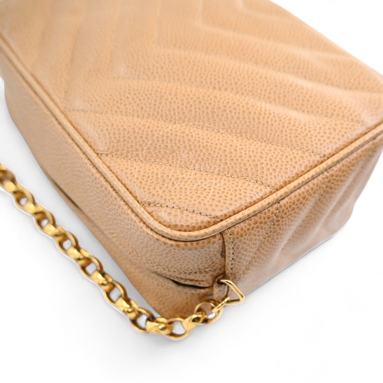 [Pre-owned] Chanel Beige Caviar V Stitch Fringe Mini Camera Bag