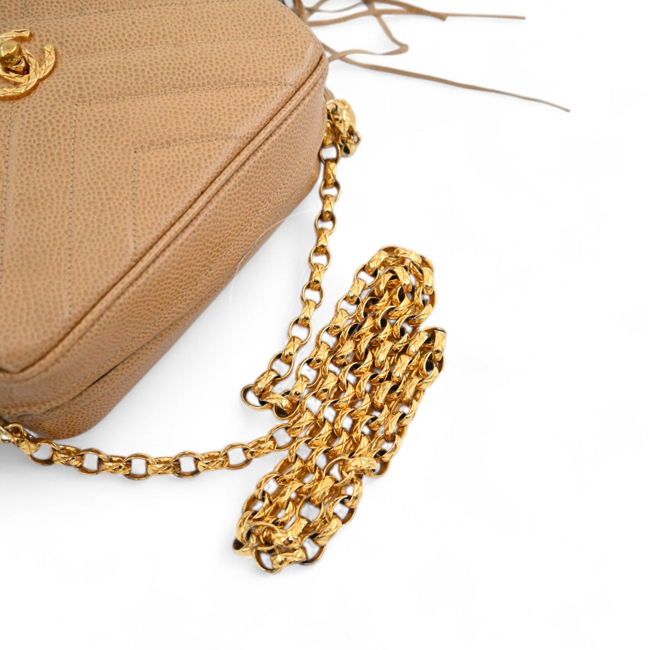 [Pre-owned] Chanel Beige Caviar V Stitch Fringe Mini Camera Bag