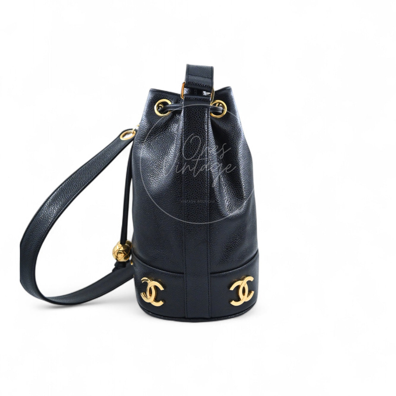 [Pre-owned] Chanel Vintage CC Mark Black Caviar Drawstring Bucket Bag
