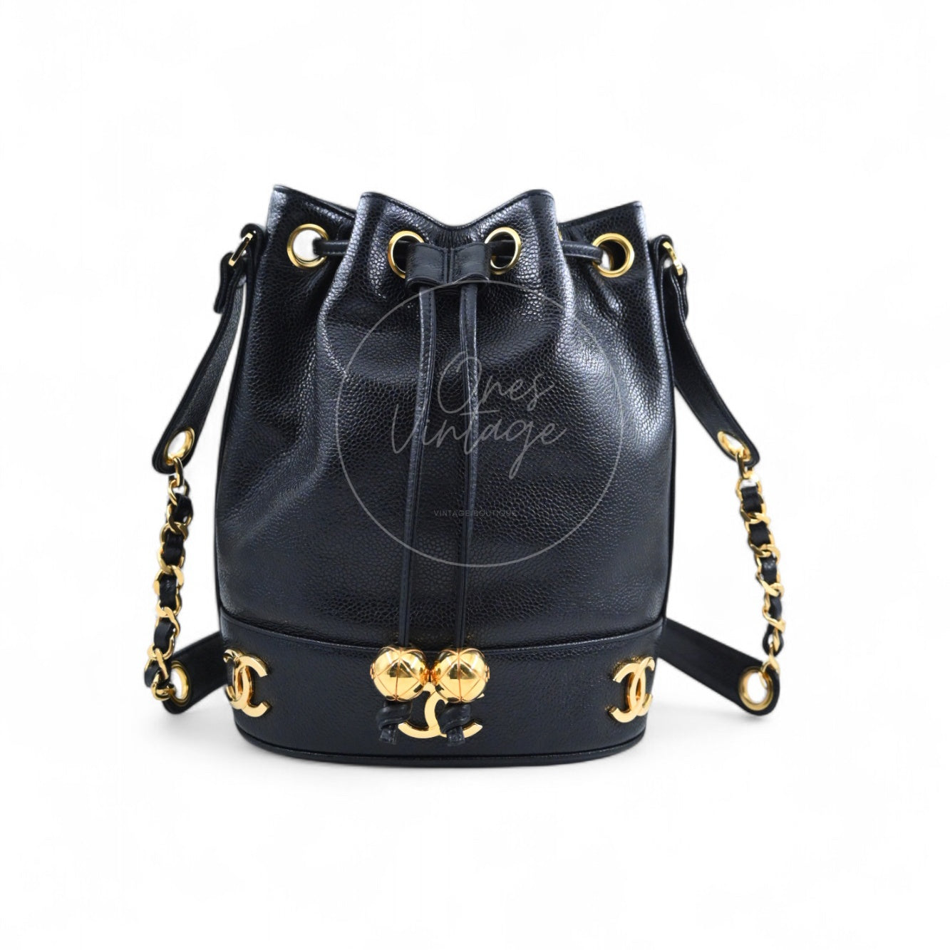 [Pre-owned] Chanel Vintage CC Mark Black Caviar Drawstring Bucket Bag