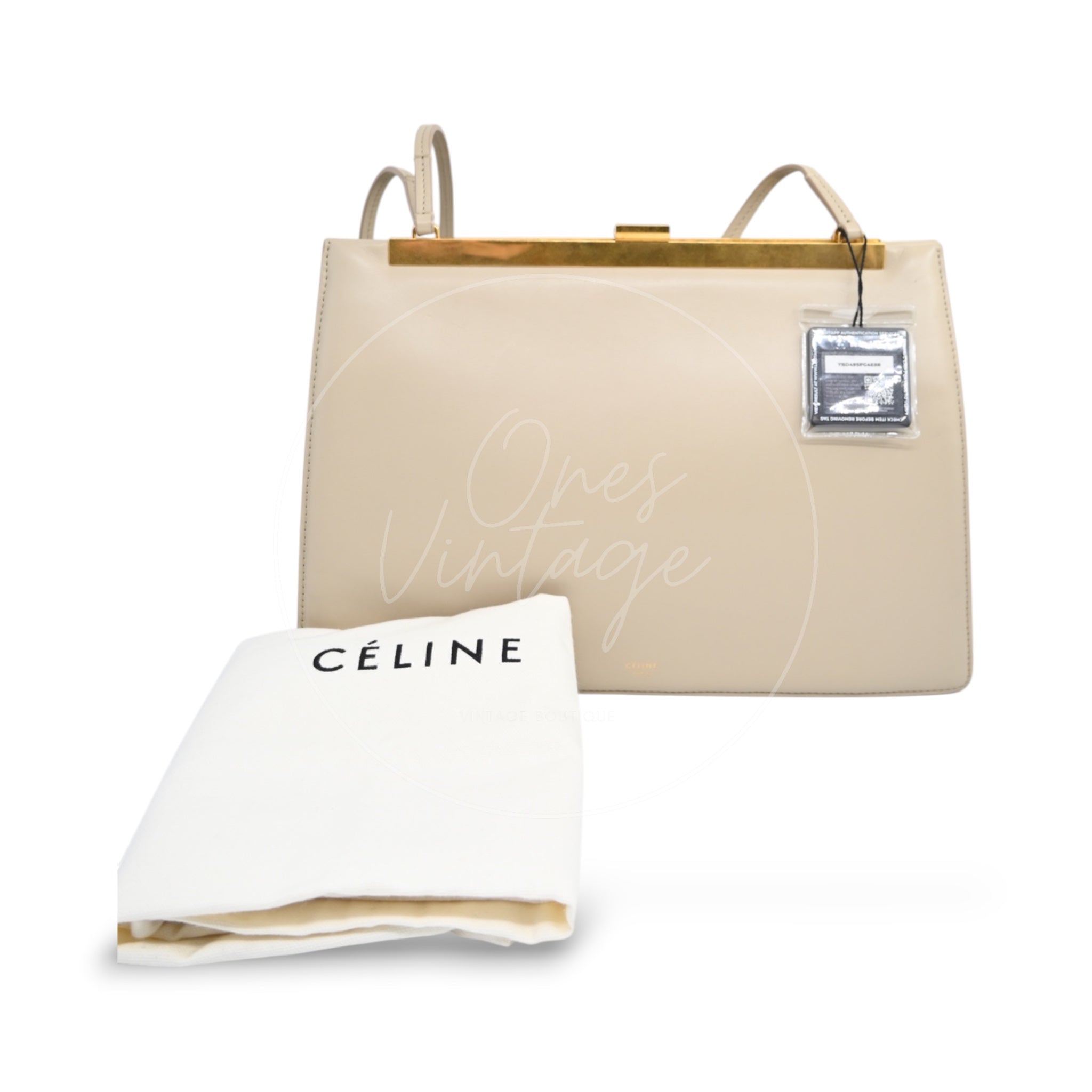 Celine Clasp Leather Handbag GHW Beige F-GM-1158