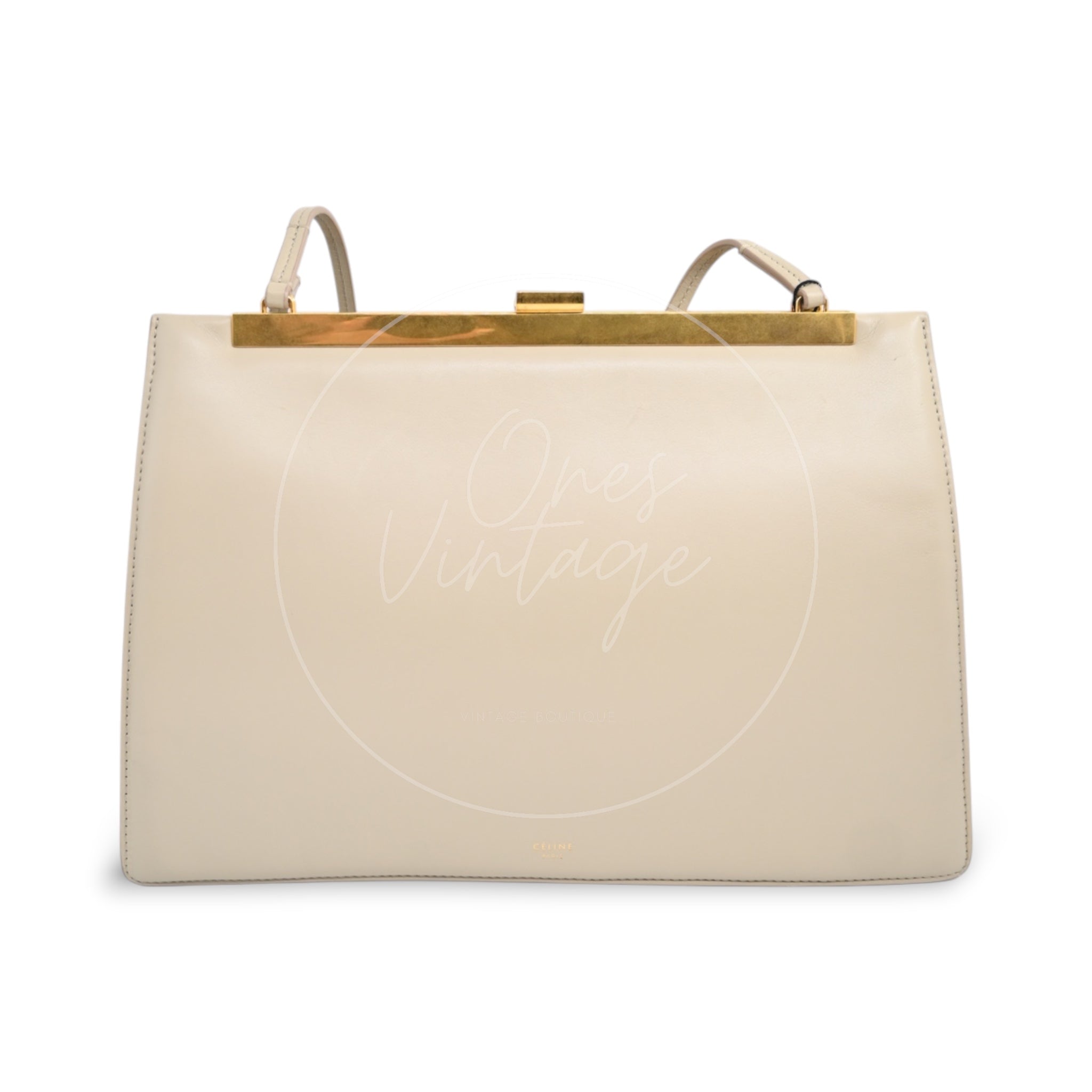 Celine Clasp Leather Handbag GHW Beige F-GM-1158