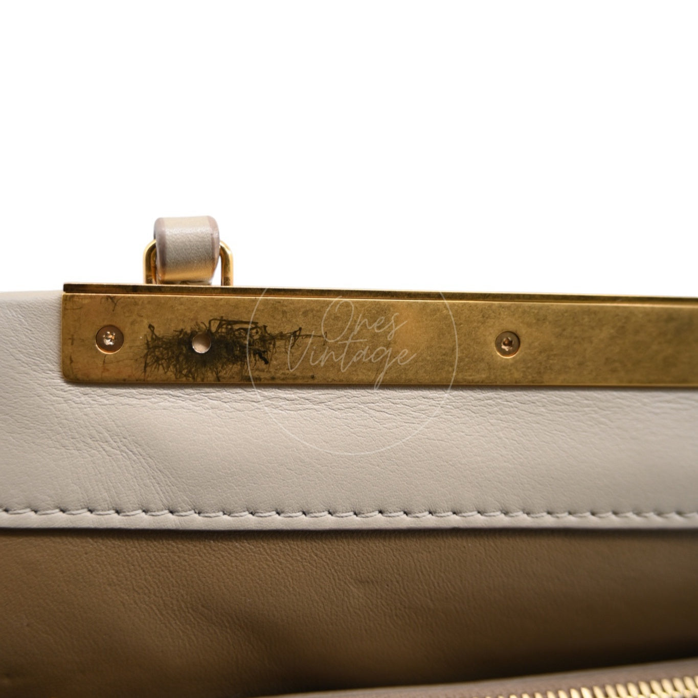 Celine Clasp Leather Handbag GHW Beige F-GM-1158