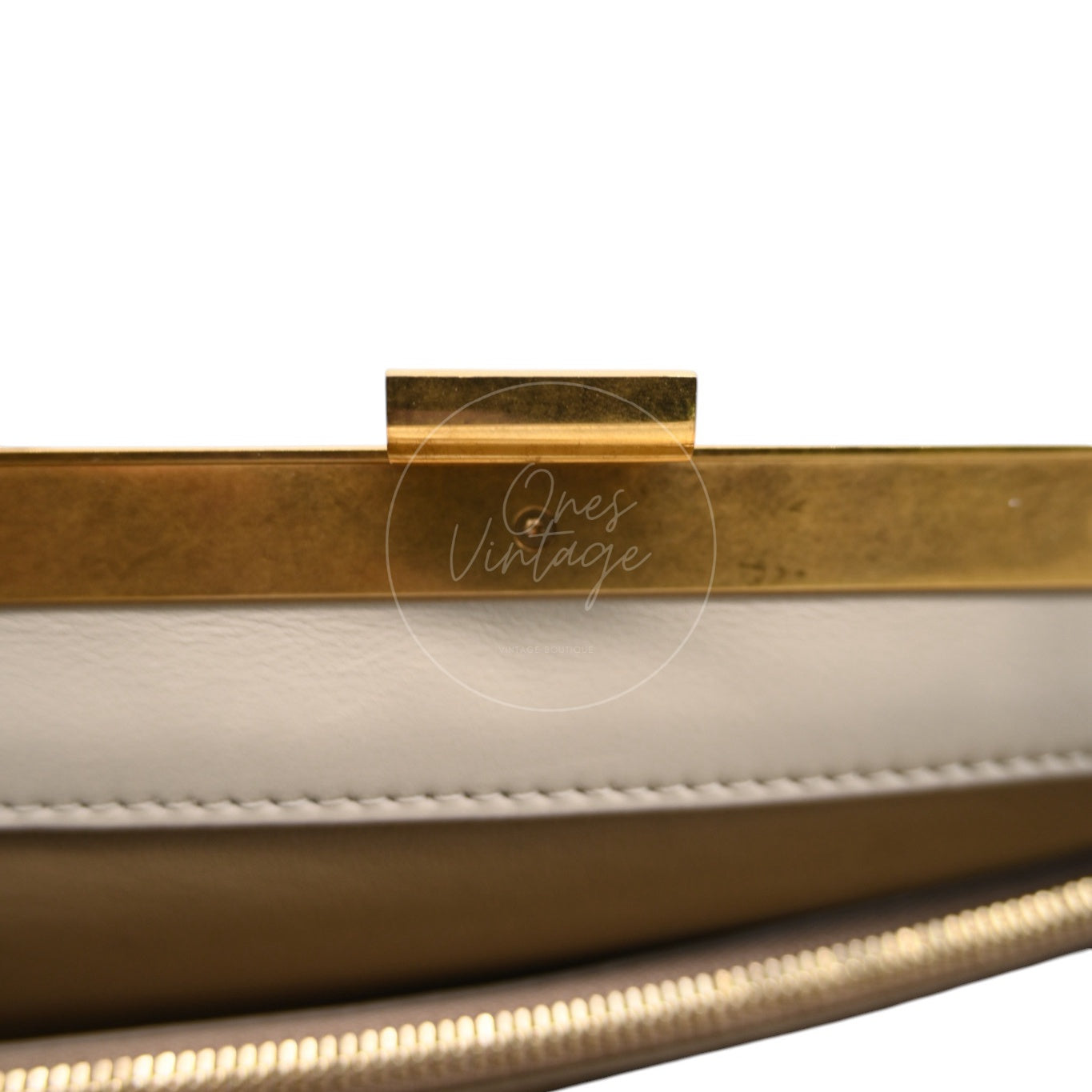 Celine Clasp Leather Handbag GHW Beige F-GM-1158