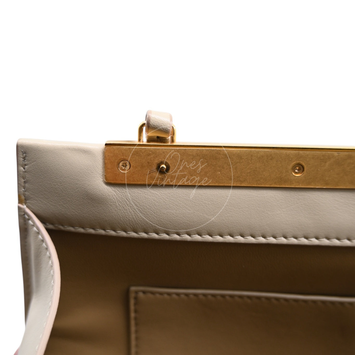 Celine Clasp Leather Handbag GHW Beige F-GM-1158