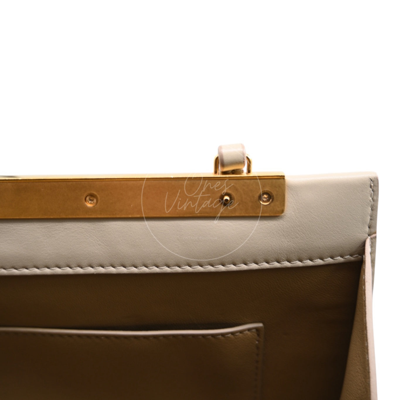 Celine Clasp Leather Handbag GHW Beige F-GM-1158