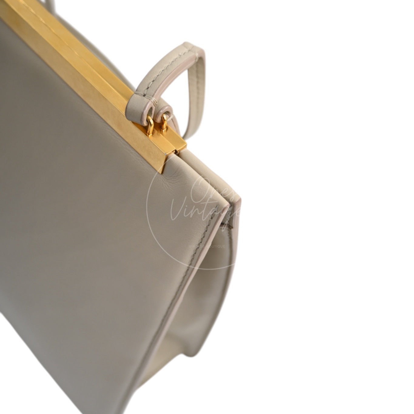 Celine Clasp Leather Handbag GHW Beige F-GM-1158