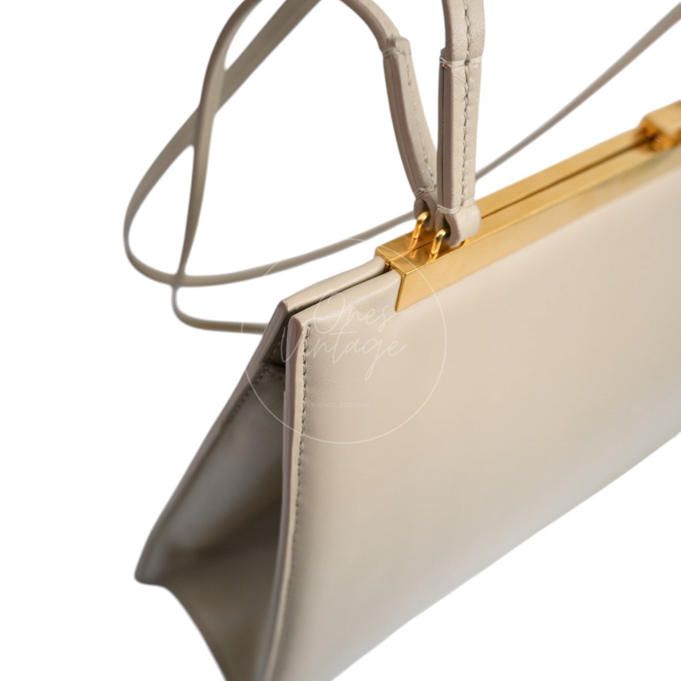 Celine Clasp Leather Handbag GHW Beige F-GM-1158