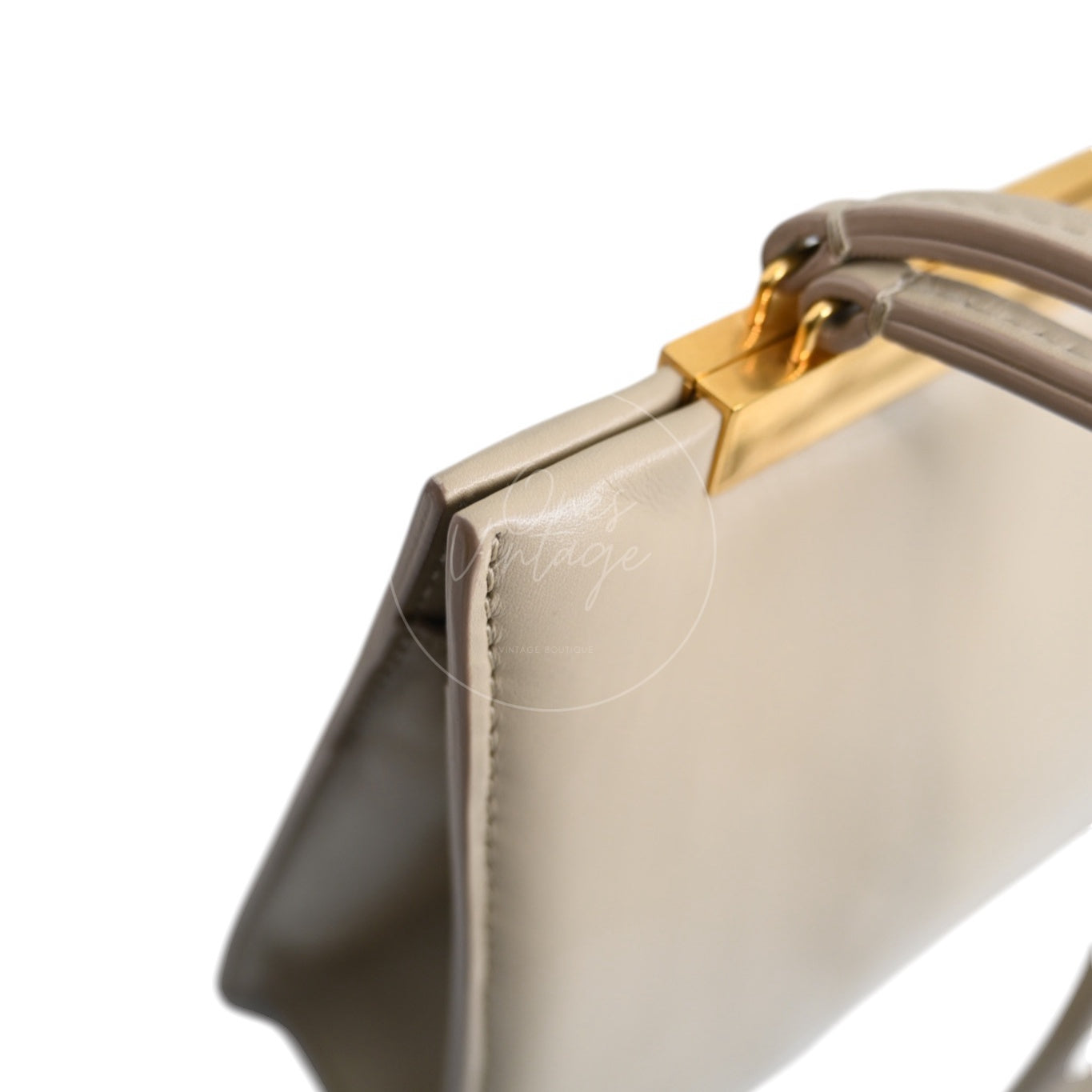 Celine Clasp Leather Handbag GHW Beige F-GM-1158
