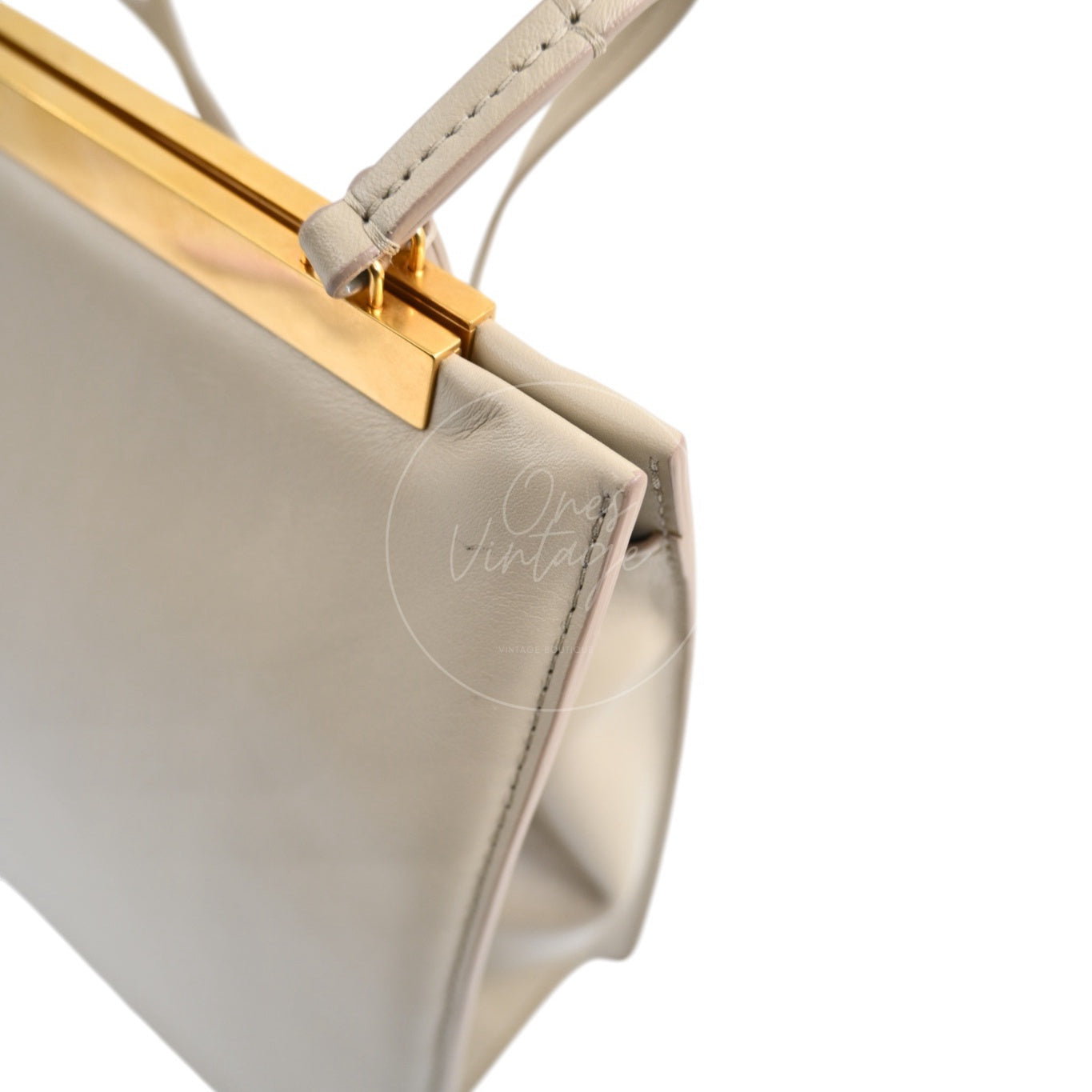Celine Clasp Leather Handbag GHW Beige F-GM-1158