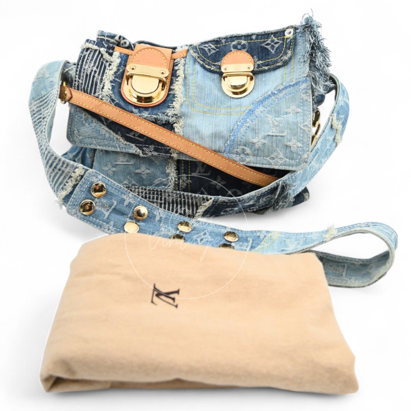 [Pre-owned] Louis Vuitton M95374 Monogram Denim Posty Patchwork Shoulder Bag