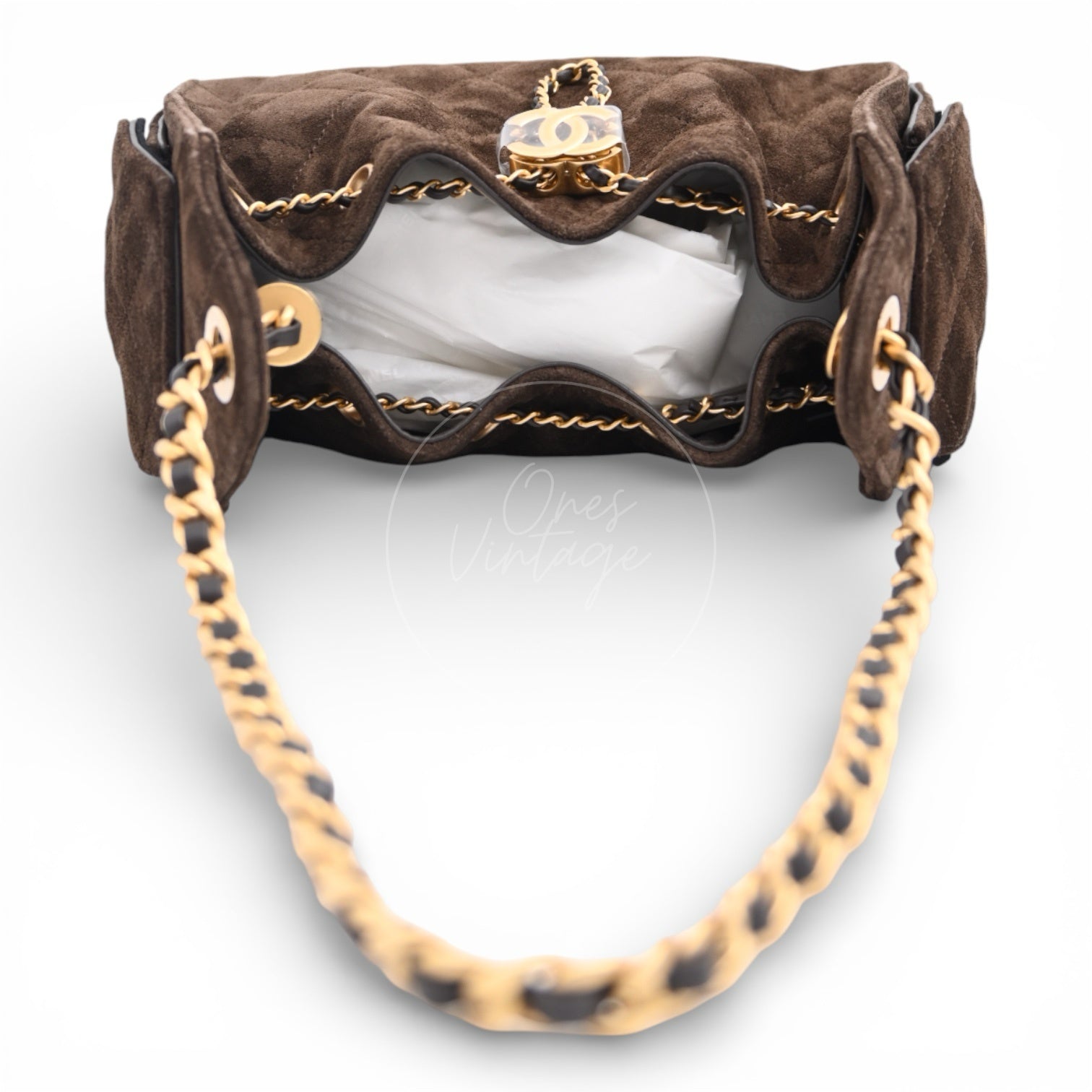 [Unused] Chanel Mini Suede Calfskin 25 Gold Metal  Dark Brown Handbag