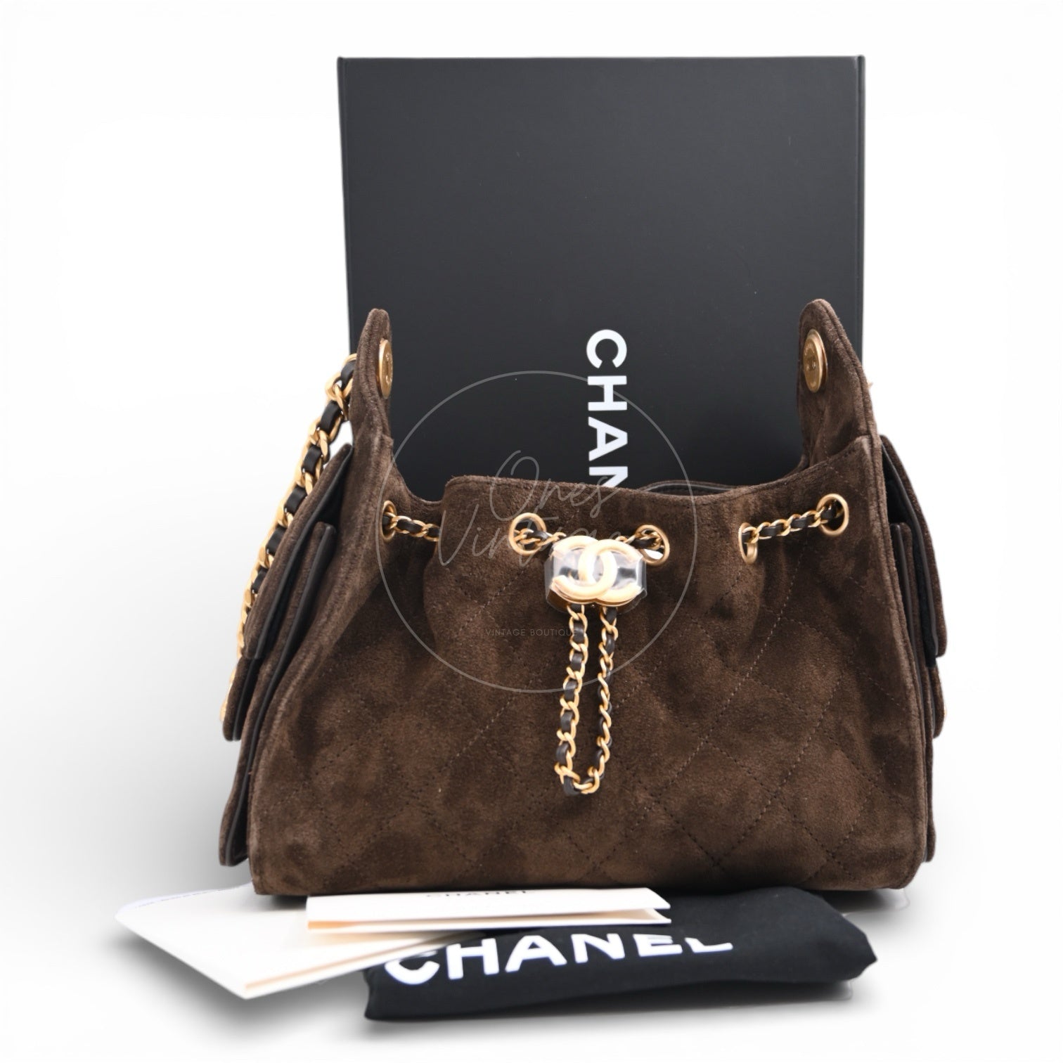 [Unused] Chanel Mini Suede Calfskin 25 Gold Metal  Dark Brown Handbag