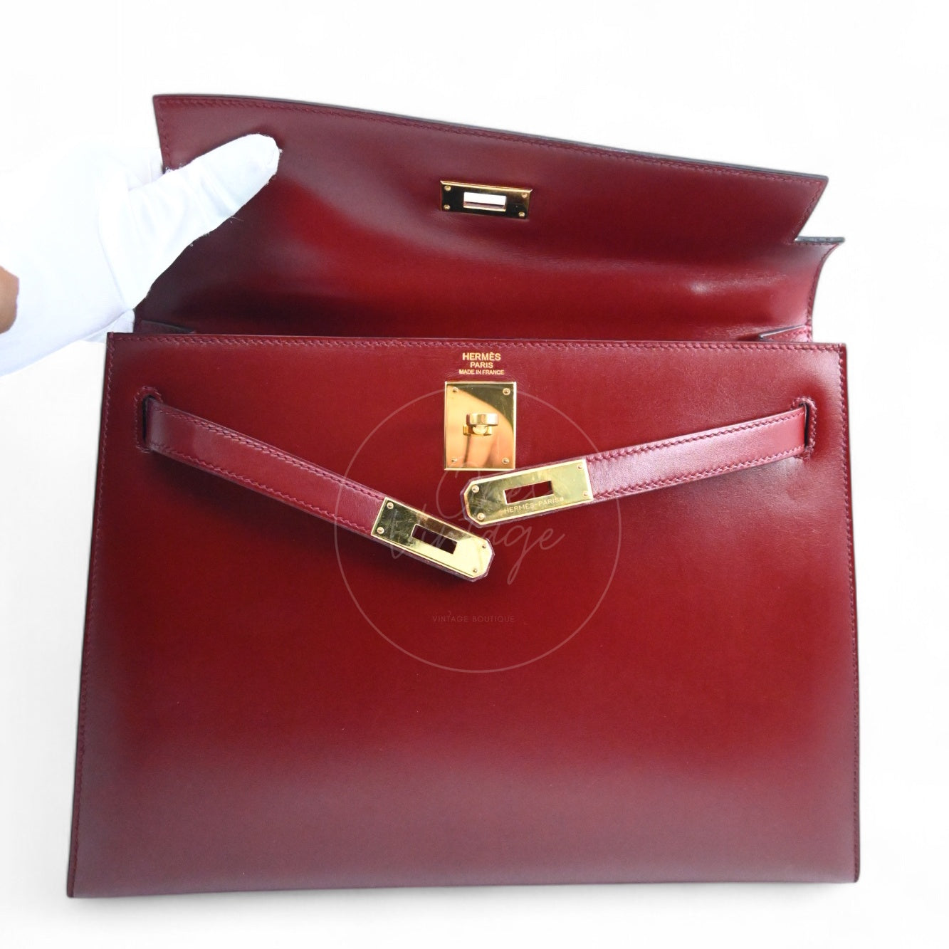 [Pre-Owned] Hermes Kelly 32 Rouge H Box GHW Stamp Square G