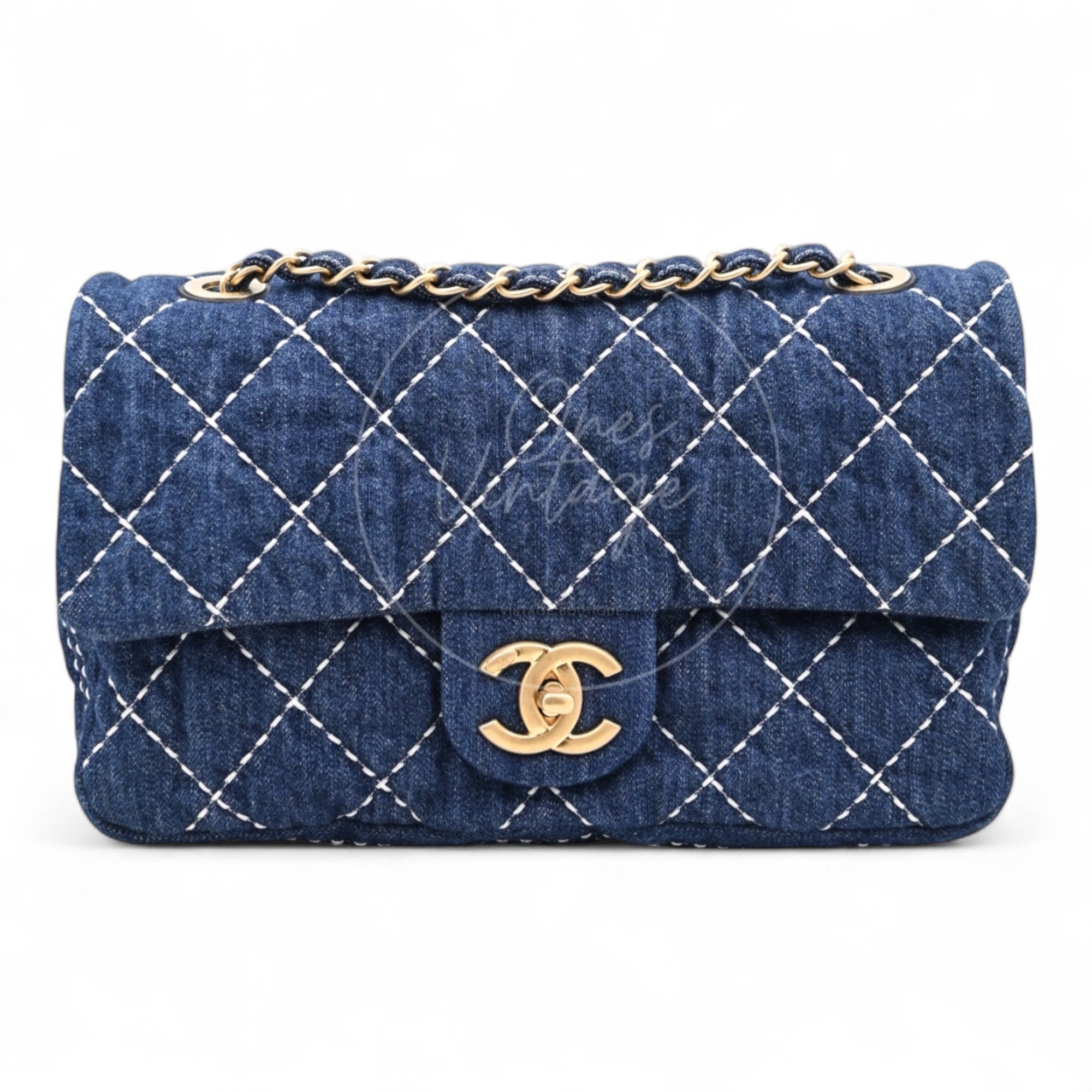 [Pre-owned] Chanel Blue Denim GHW Medium Classic Flap Bag
