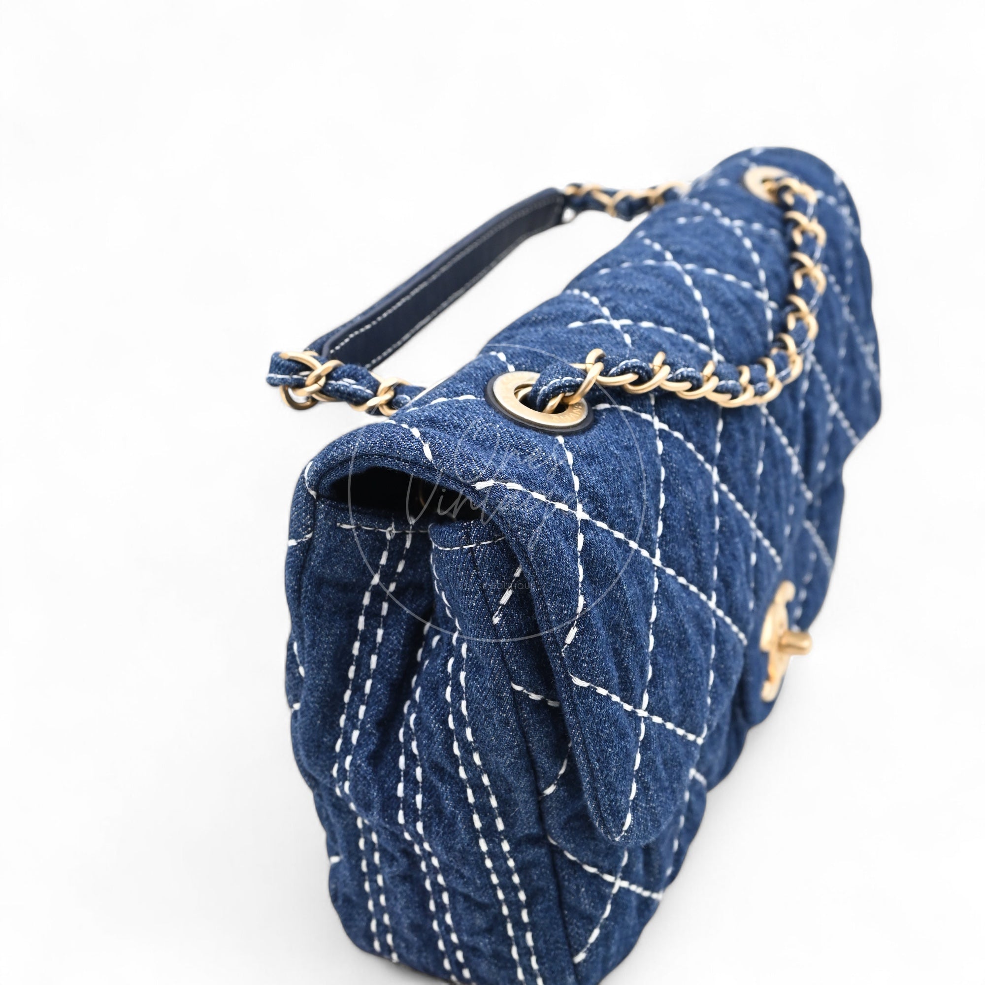[Pre-owned] Chanel Medium Classic Flap Bag Blue Denim Trip Flap GHW